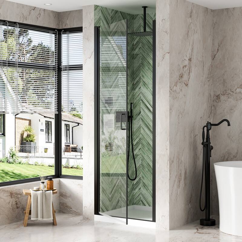 Alt View 1. WELLFOR - 28-7/16"-30"W x 72" H Semi-Frameless Pivot Shower Door -1/4 in. Tempered Glass, Easy Clean Coating - Matte Black.