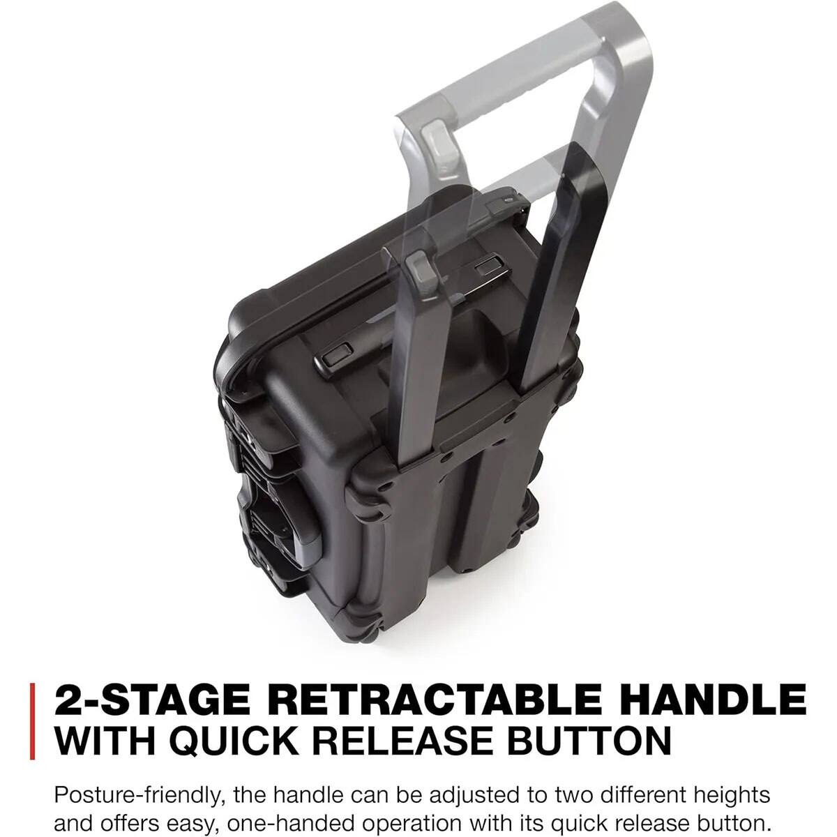 2-STAGE RETRACTABLE HANDLE WITH QUICK RELEASE BUTTON

Posture-friendly, the handle can be adjusted to two different heights and offers easy, one-handed operation with its quick release button.