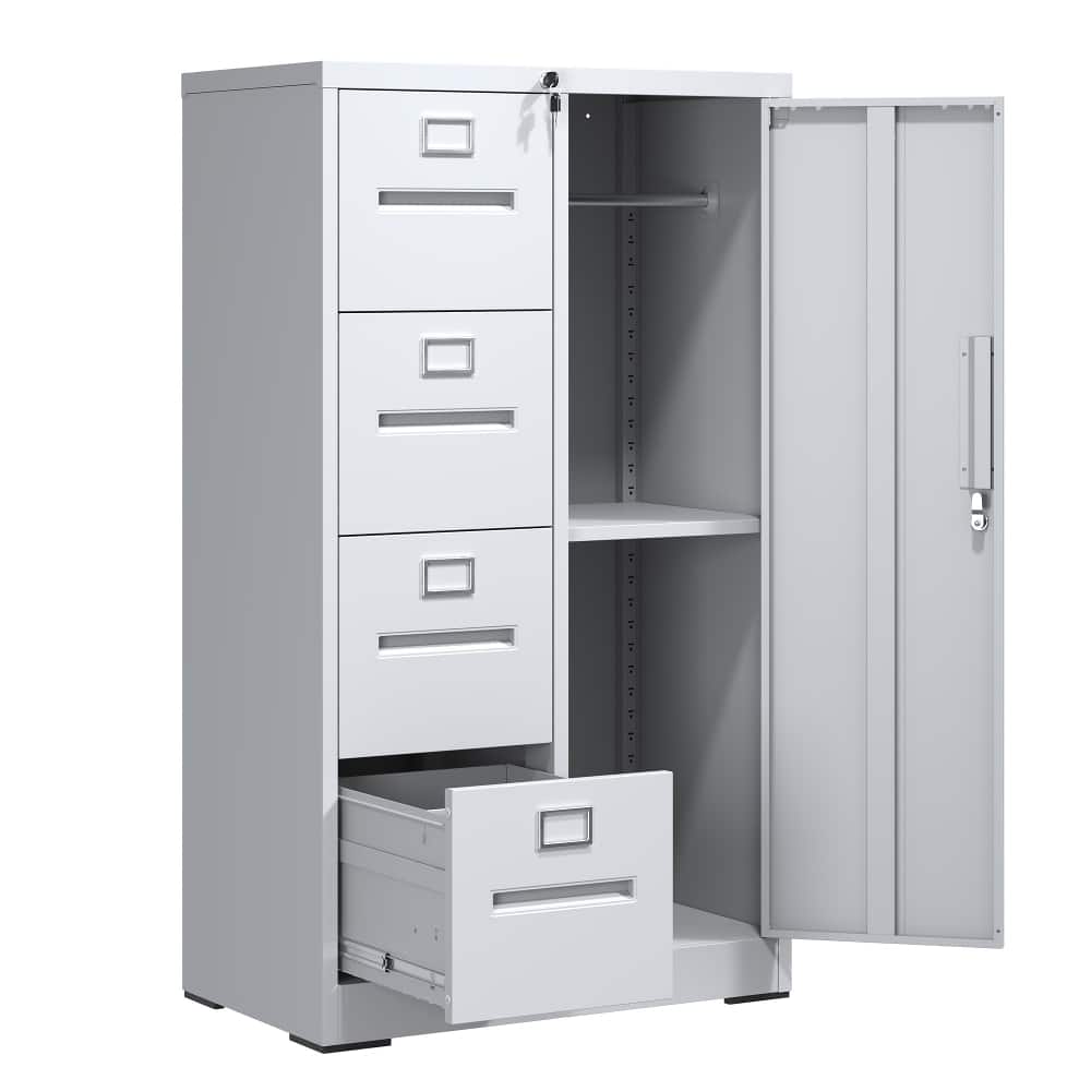 Loheer - Metal Filing Cabinet 4 Drawer Vertical File Cabinet with Lock and Wardrobe Door White Office Storage