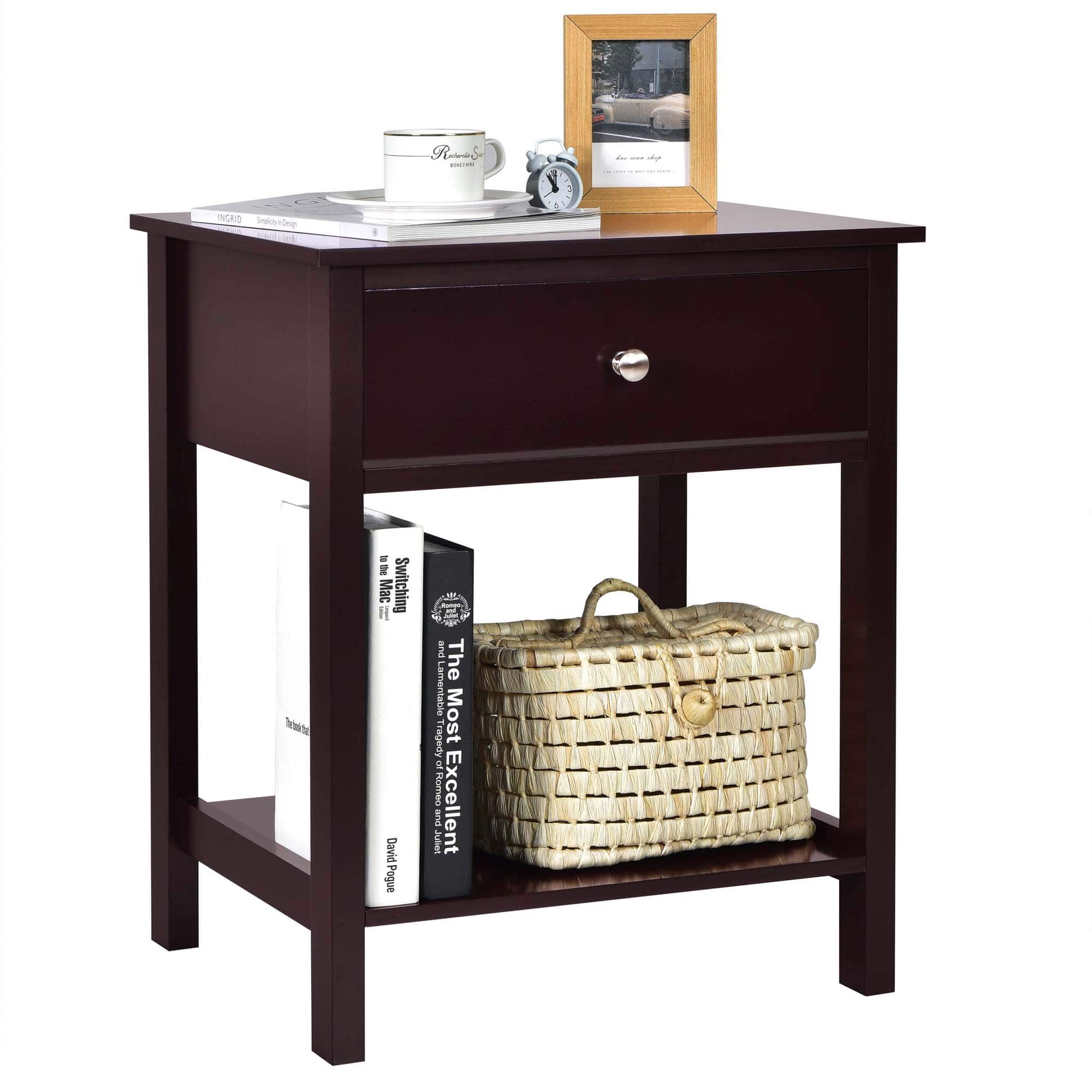 Costway - Nightstand with Drawer Storage Shelf Wooden Bedside Sofa Side Table - Brown
