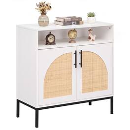Costway - 1 PCS 32" Sideboard Buffet Cabinet with Natural Rattan Decorated Doors, Adjustable Shelf - Natural & White