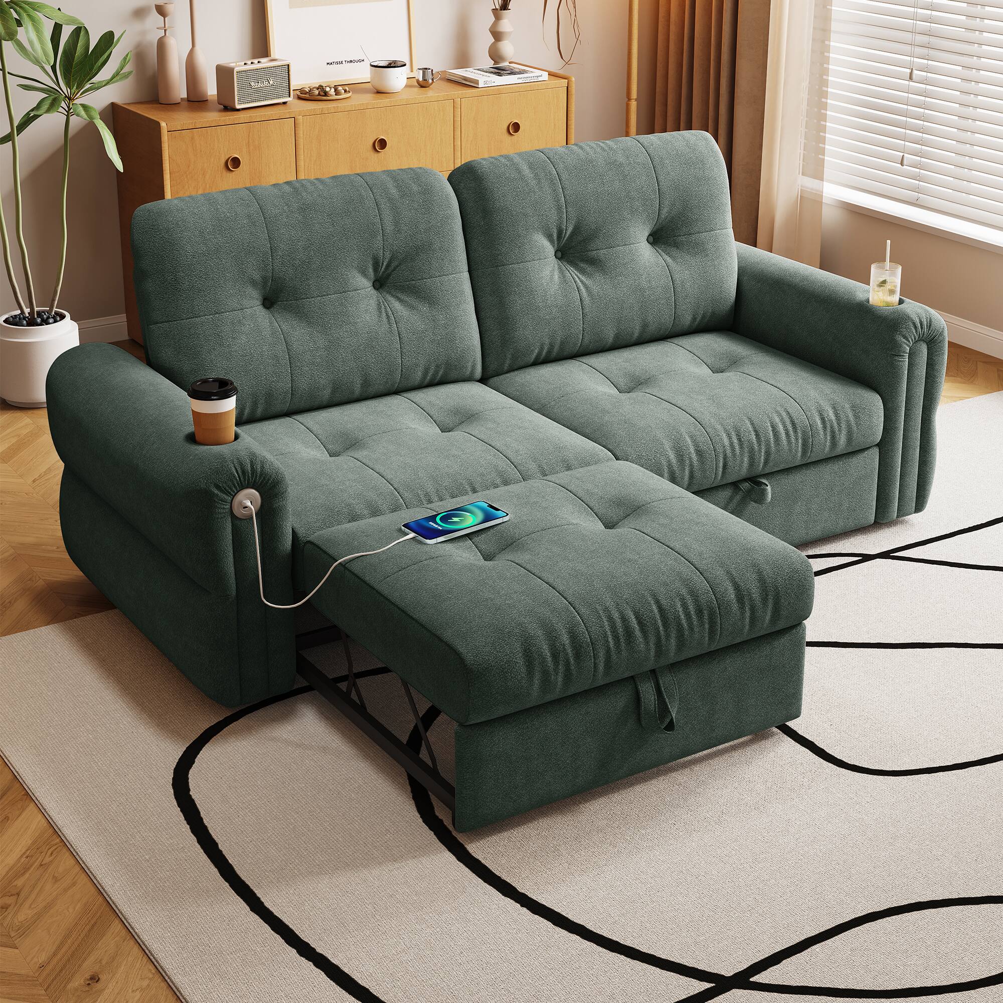 Angle. Anysun - 77" Convertible Sofa Bed – 2-in-1 Multifunctional Chenille Sofa, Easy Pull-Out Guest Bed for Living Room, Apartment - Green.