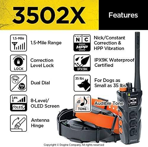 3502X Features

1.5-Mile Range  
Correction Level Lock  
Dual Dial  
8-Level OLED Screen  
Antenna Hinge  
Nick/Constant Correction & HPP Vibration  
IPX9K Waterproof Certified  
For Dogs as Small as 35 lbs  
Audible Tone  

Copyright © Dogtra Company All rights reserved