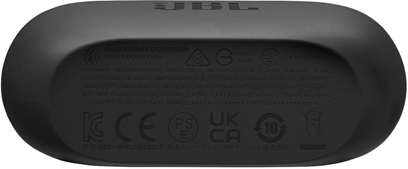 The text on the image is grouped and corrected as follows:

1. TSE SNDO00 34 FOO000020 R36028 XXXXXXXXXXXXXX xxx-xxxXXXx ROHS HARMAN INTERNATIONAL INDUSTRIES, INCORPORATED 8500 BALBOA BLVD. NORTHRIDGE, CA 91329, UNITED STATES.
2. BLUETOOTH HEADSET MODEL/ WAVE BUDS 2 INPUT/ SV SVE1A 1A OUTPUT/SO A0u 5V 130mA*2 BATTERY CAPACITY:3.8V 550mAh, 2.09Wh XXXX/SDPP)/2024/4117
3. MADE IN CHINA A/S : 02-553-3494 ANATEL: XXXXX-XX-XXXXX CMII ID: XXXXXXXXXXX
4. PS UK CE E CA 10 R-R-SEC-WAVEBUDS2