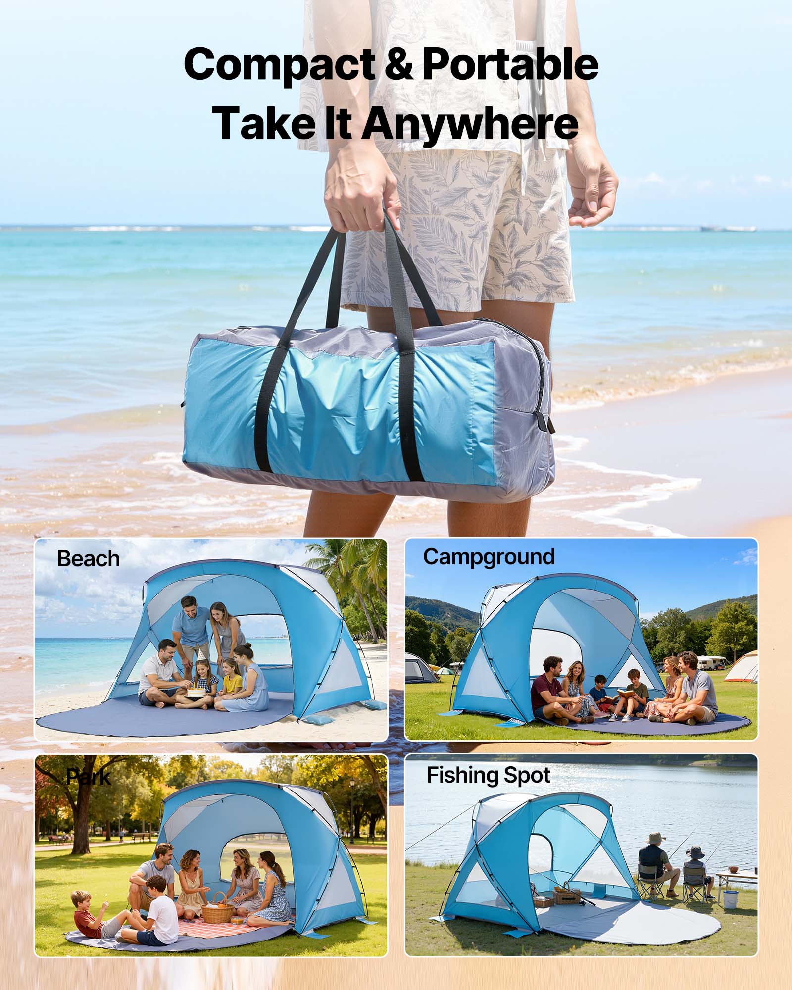 Compact & Portable  
Take It Anywhere  

Beach  
Campground  
Park  
Fishing Spot