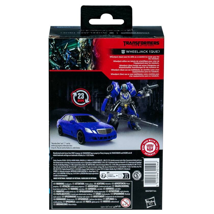 **Transformers**  
**Wheeljack (Que)**  

Wheeljack (Que) uses his skills as a scientist to create gear for the Autobots.  
Wheeljack utilise ses talents de scientifique pour créer de l'équipement pour les Autobots.  
Wheeljack (Que) nutzt seine Fähigkeiten als Wissenschaftler, um Ausrüstungen für die Autobots zu entwickeln.  
Wheeljack (Que) usa sus habilidades como científico para crear equipamientos para los Autobots.  

**23 Steps**  

**Made in Vietnam**  
**FABRIQUÉ AU VIETNAM**  

**WARNING: ATTENTION: AKTUNG: ADVERTENCIA: AVVERTENZA: WAARSCHUWING: VARNING: ADVARSEL: AVARSEL: VAROITUS: OSTRZEŻENIE: FIGHETES: UPOZORNIENIE: UPOZORENJE: SADRINO: PERMAS: HOLATUS: BRIDIAJUMS:**  
**Small parts. Not for children under 3 years.**  
**Pequeñas piezas. No apto para menores de 3 años.**  
