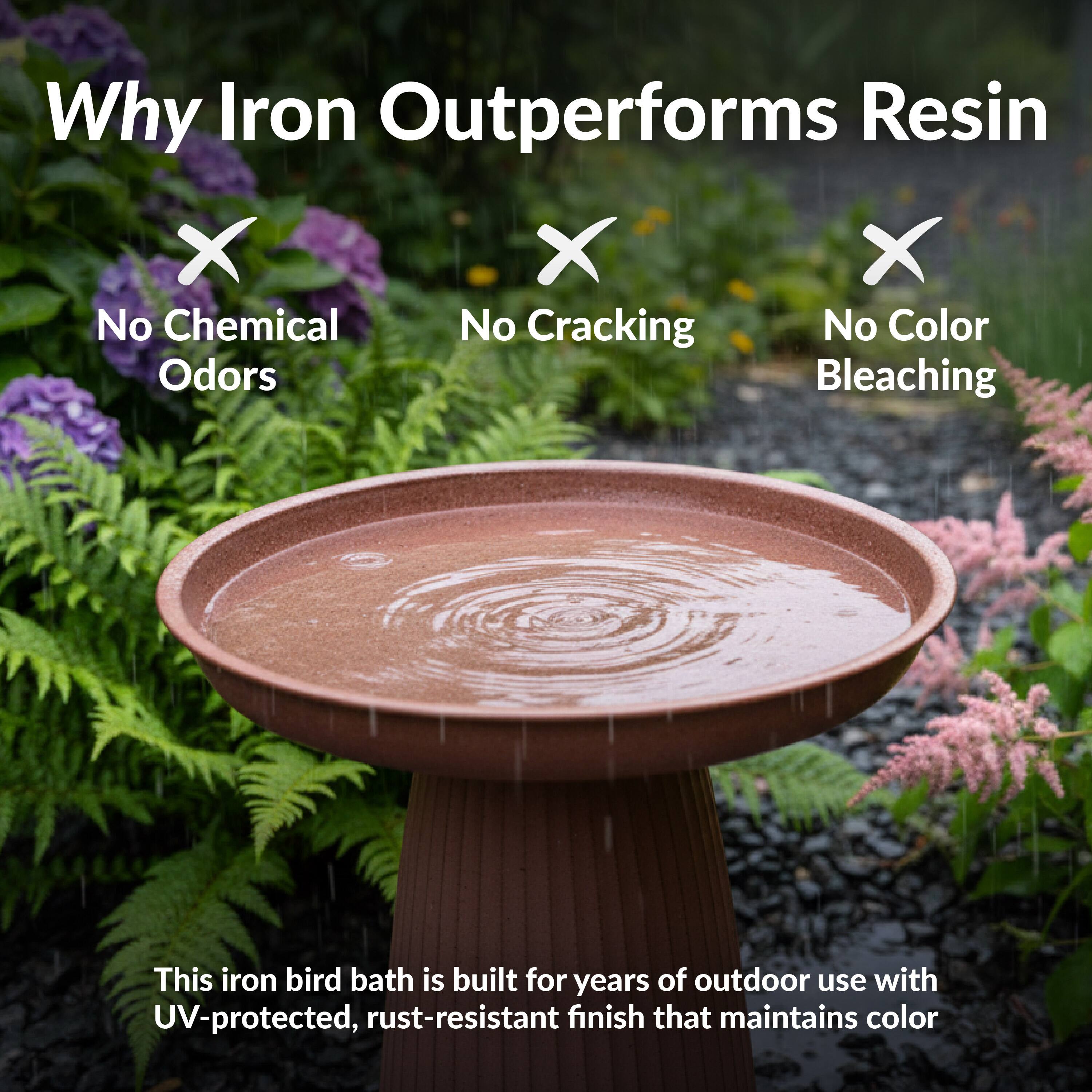 Why Iron Outperforms Resin

- No Chemical Odors
- No Cracking
- No Color Bleaching

This iron bird bath is built for years of outdoor use with UV-protected, rust-resistant finish that maintains color