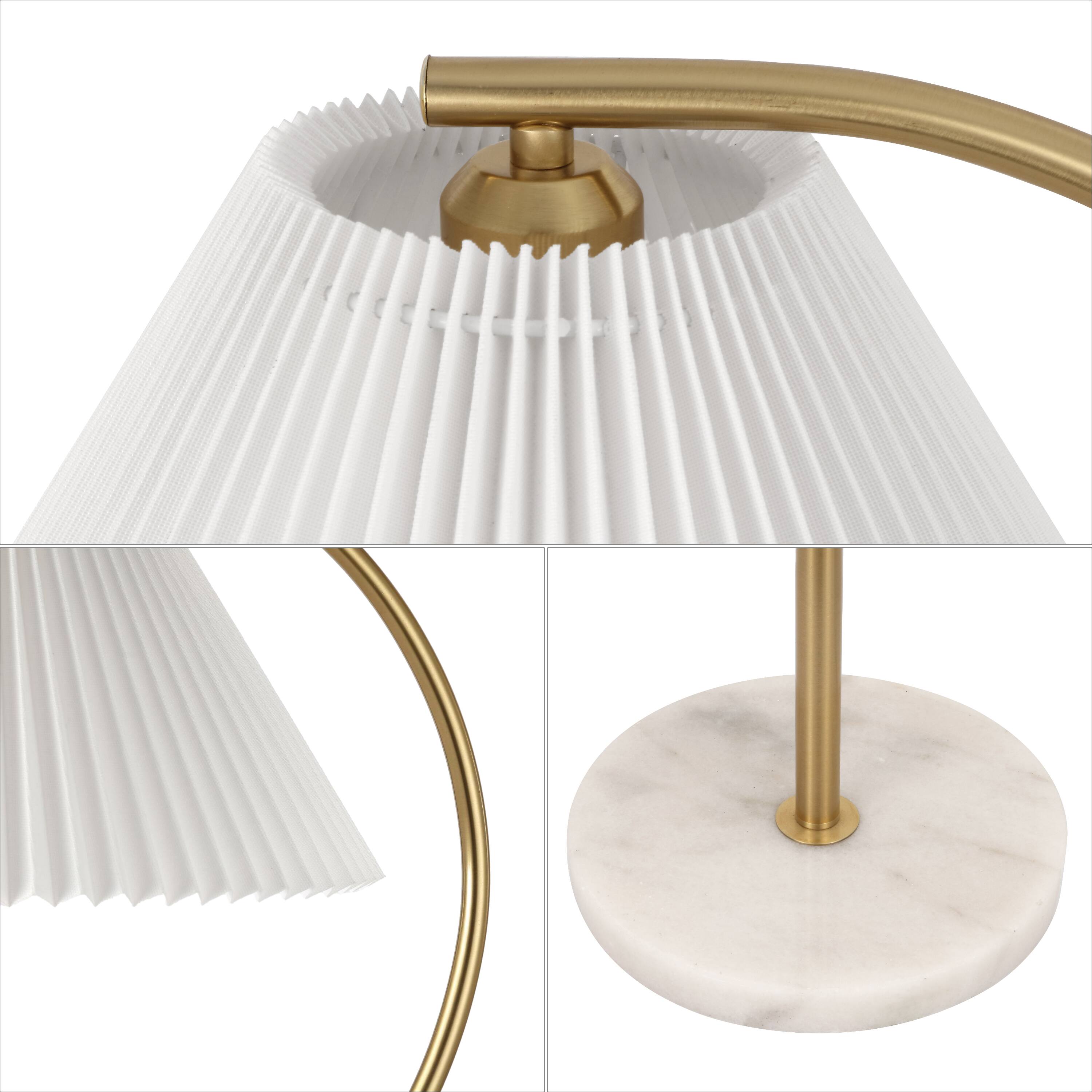 Alt View 4. Jonathan Y - Devon 60.5" Modern Glam Metal Arc LED Floor Lamp with Pleated Shade with Marble Base, Brass Gold/White - Brass Gold.