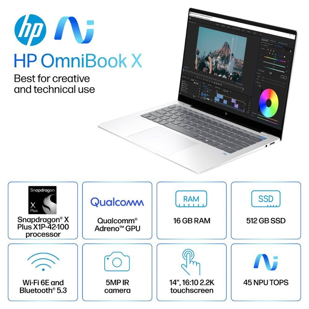 HP OmniBook X  
Best for creative and technical use  

- Snapdragon X Plus X1P-42-100 processor  
- Qualcomm Adreno™ GPU  
- 16 GB RAM  
- 512 GB SSD  
- Wi-Fi 6E and Bluetooth 5.3  
- 5MP IR camera  
- 14", 16:10 2.2K touchscreen  
- 45 NPU TOPS