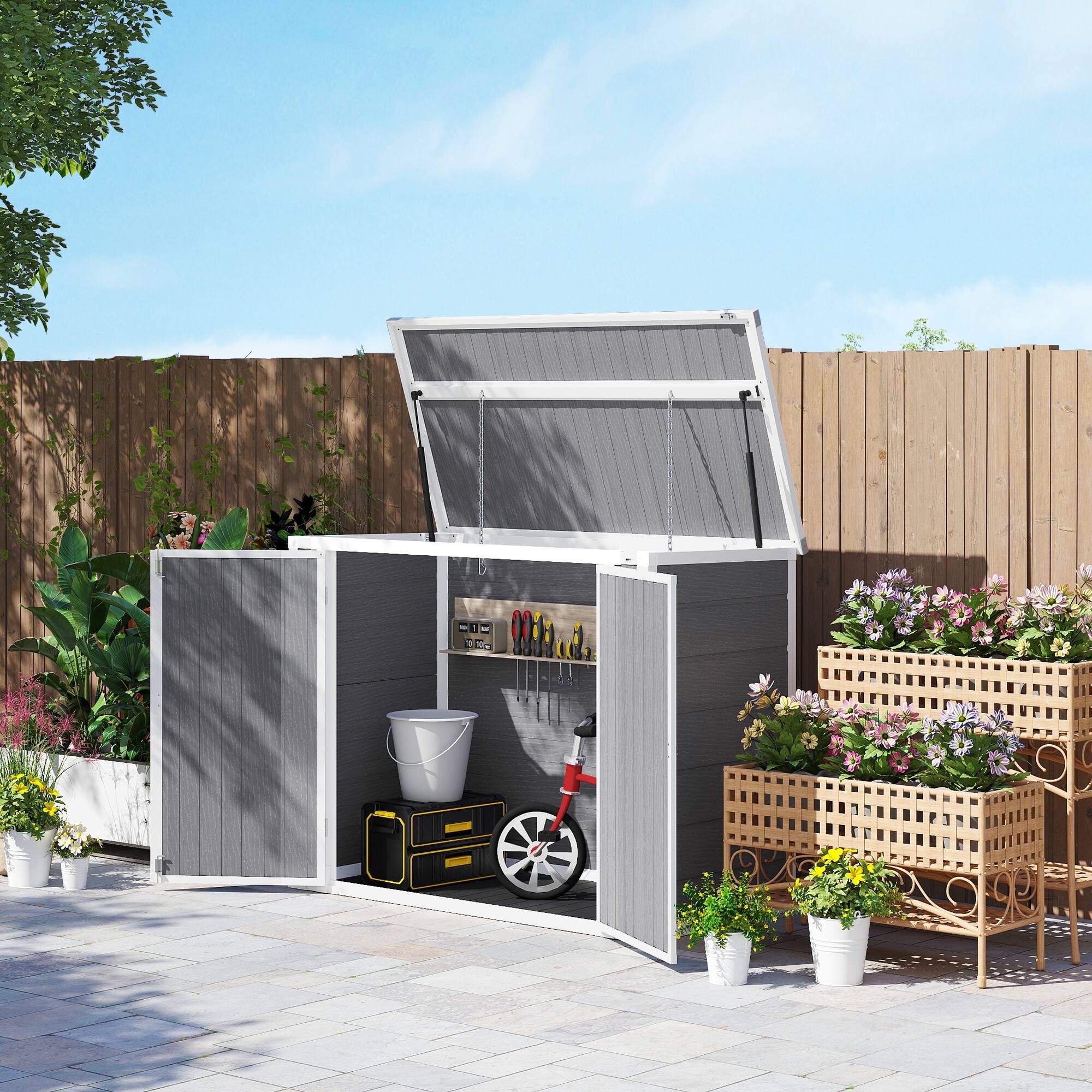 Alt View 3. Outsunny - 41 Cu. Ft. Outdoor Storage Shed with Chain Lid, Waterproof Outdoor Horizontal Trash Can Storage.