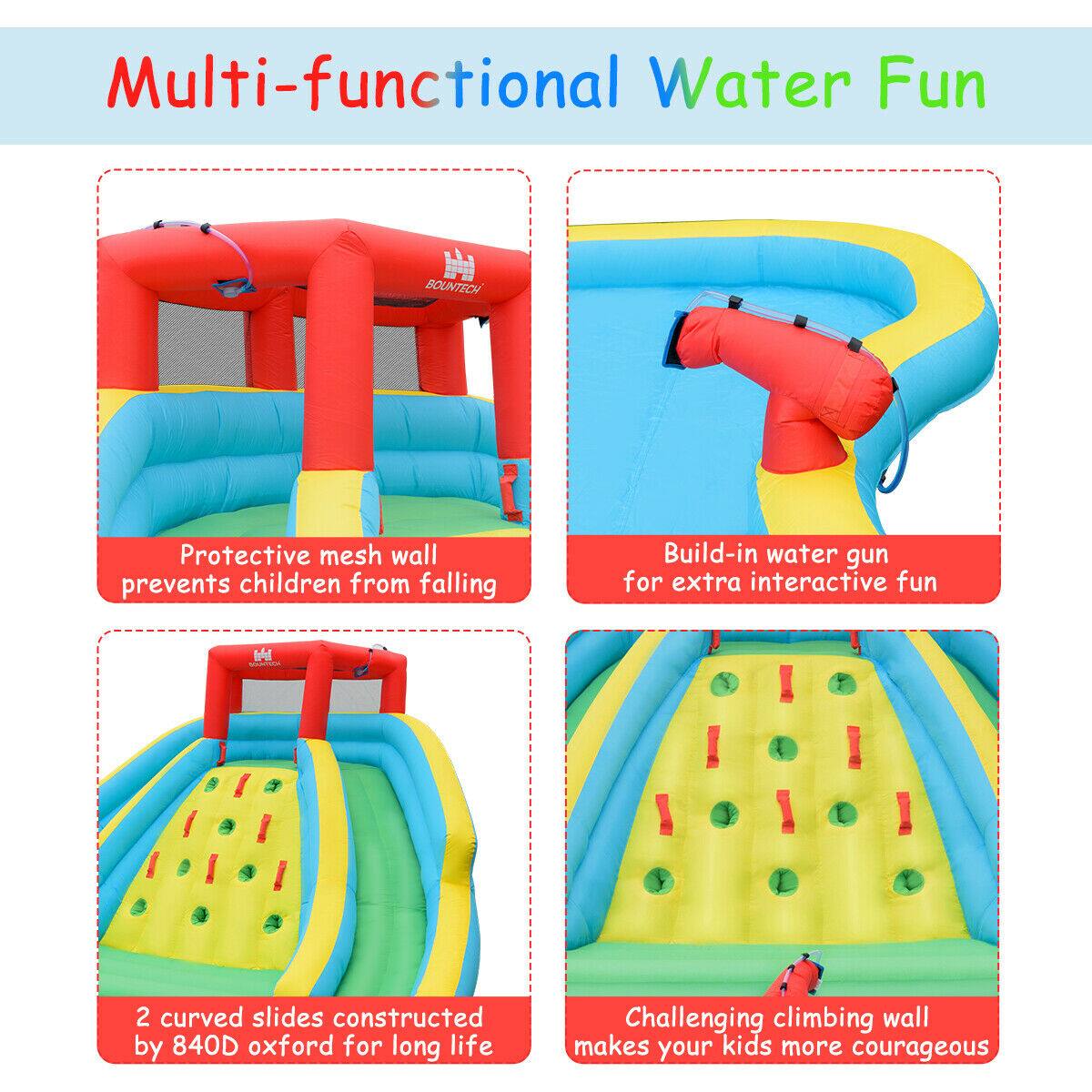 Multi-functional Water Fun:

1. Protective mesh wall prevents children from falling
2. Build-in water gun for extra interactive fun
3. 2 curved slides constructed by 840D oxford for long life
4. Challenging climbing wall makes your kids more courageous
