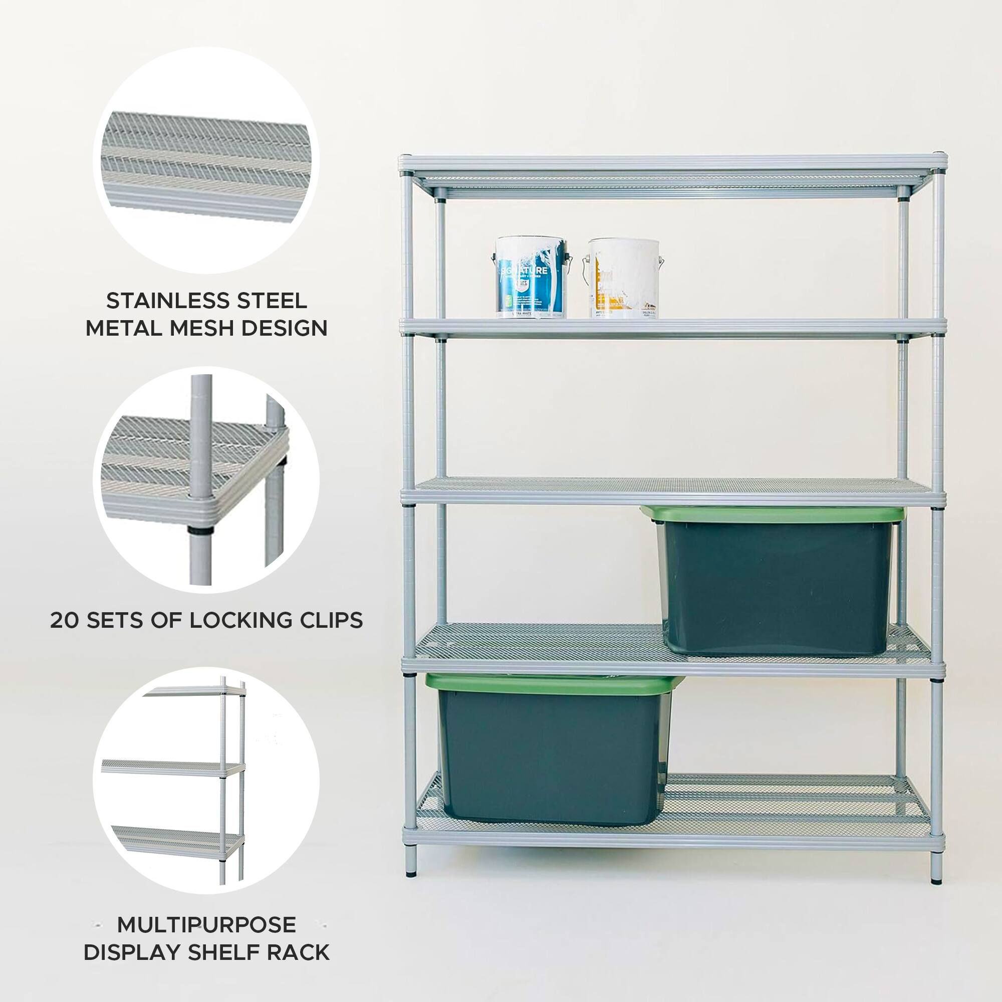 - Stainless Steel Metal Mesh Design
- 20 Sets of Locking Clips
- Multipurpose Display Shelf Rack