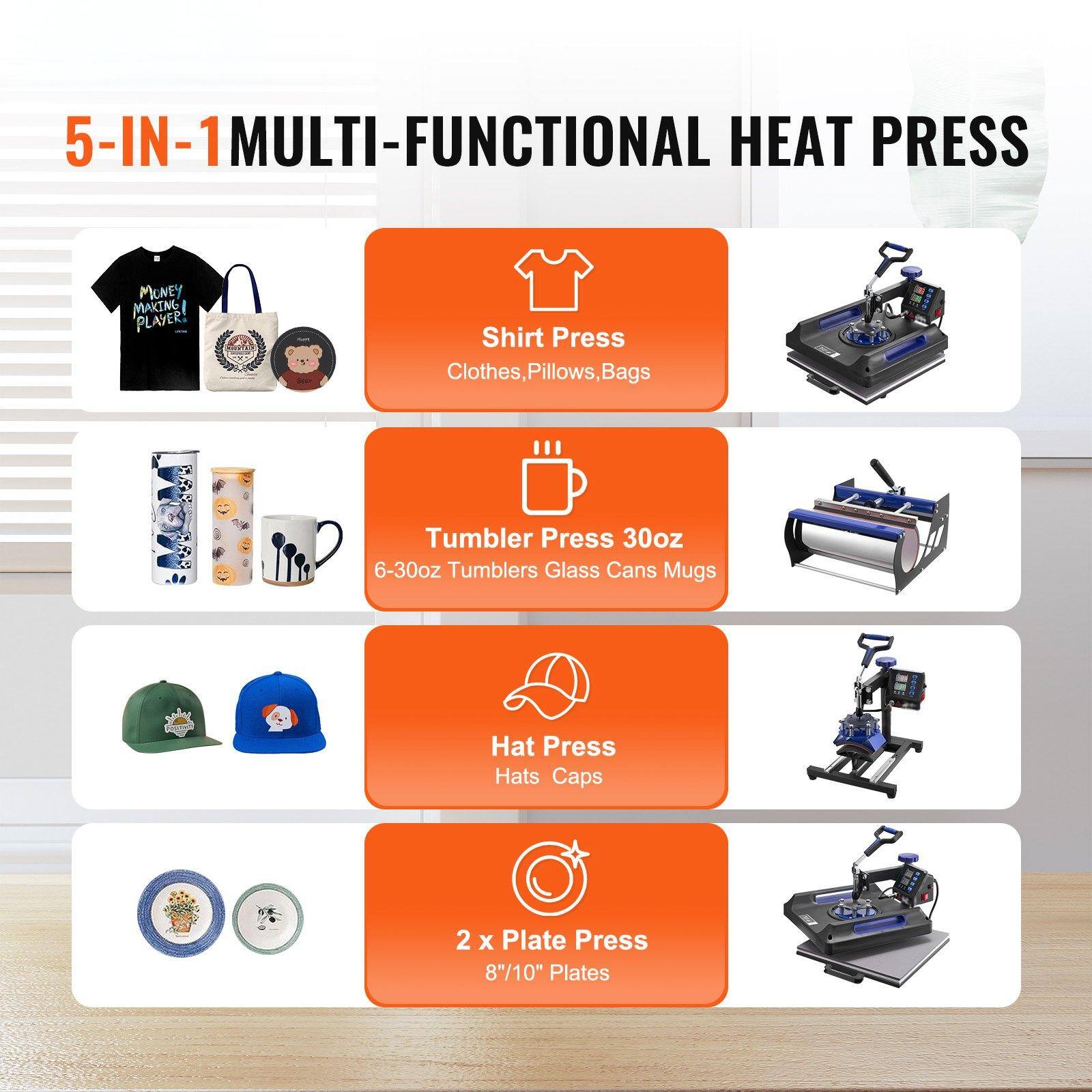 5-IN-1 MULTI-FUNCTIONAL HEAT PRESS

- Shirt Press: Clothes, Pillows, Bags
- Tumbler Press 30oz: 6-30oz Tumblers, Glass Cans, Mugs
- Hat Press: Hats, Caps
- 2 x Plate Press: 8"/10" Plates