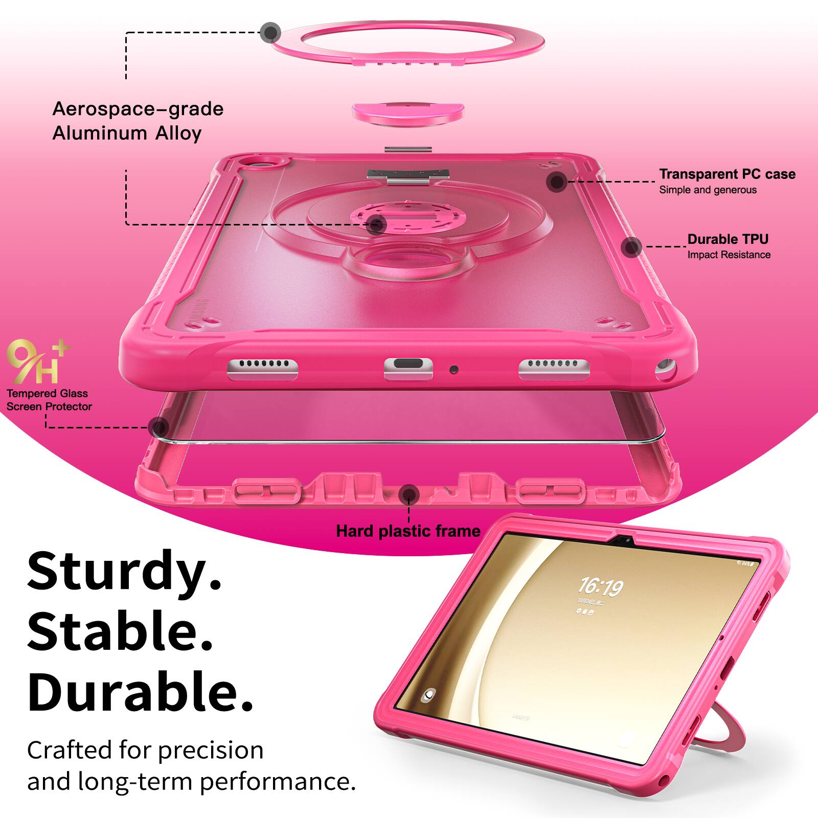 Aerospace-grade Aluminum Alloy Transparent PC case Simple and generous Durable TPU Impact Resistance O + H Tempered Glass Screen Protector Hard plastic frame Sturdy. 16:19 Stable. Durable. - Crafted for precision and long-term performance.