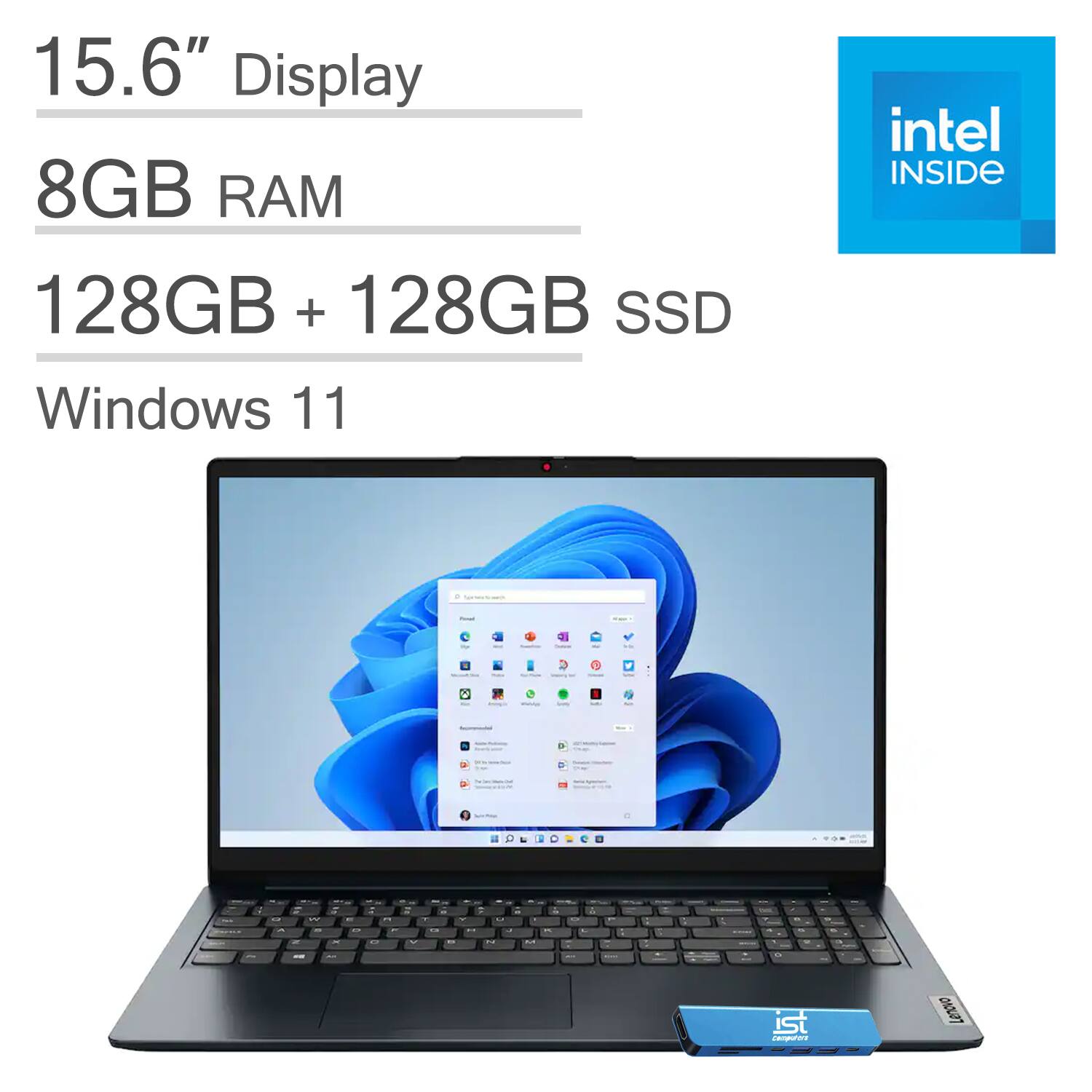 Lenovo - Ideapad 1 15.6" HD Laptop - Intel Celeron N4500 - 8GB Memory - 128GB eMMC+128GB SSD - 1Year Office 365 Personal - Abyss Blue