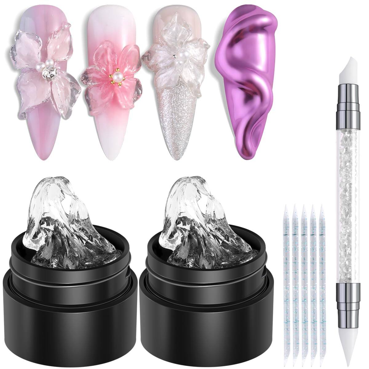 Front. Stylel Star - 2Pcs Clear Sculpting Gel Kit Non Sticky Hand Carving Silicone Pen Nails Flowers Design Manicure Salon Supplies Package.