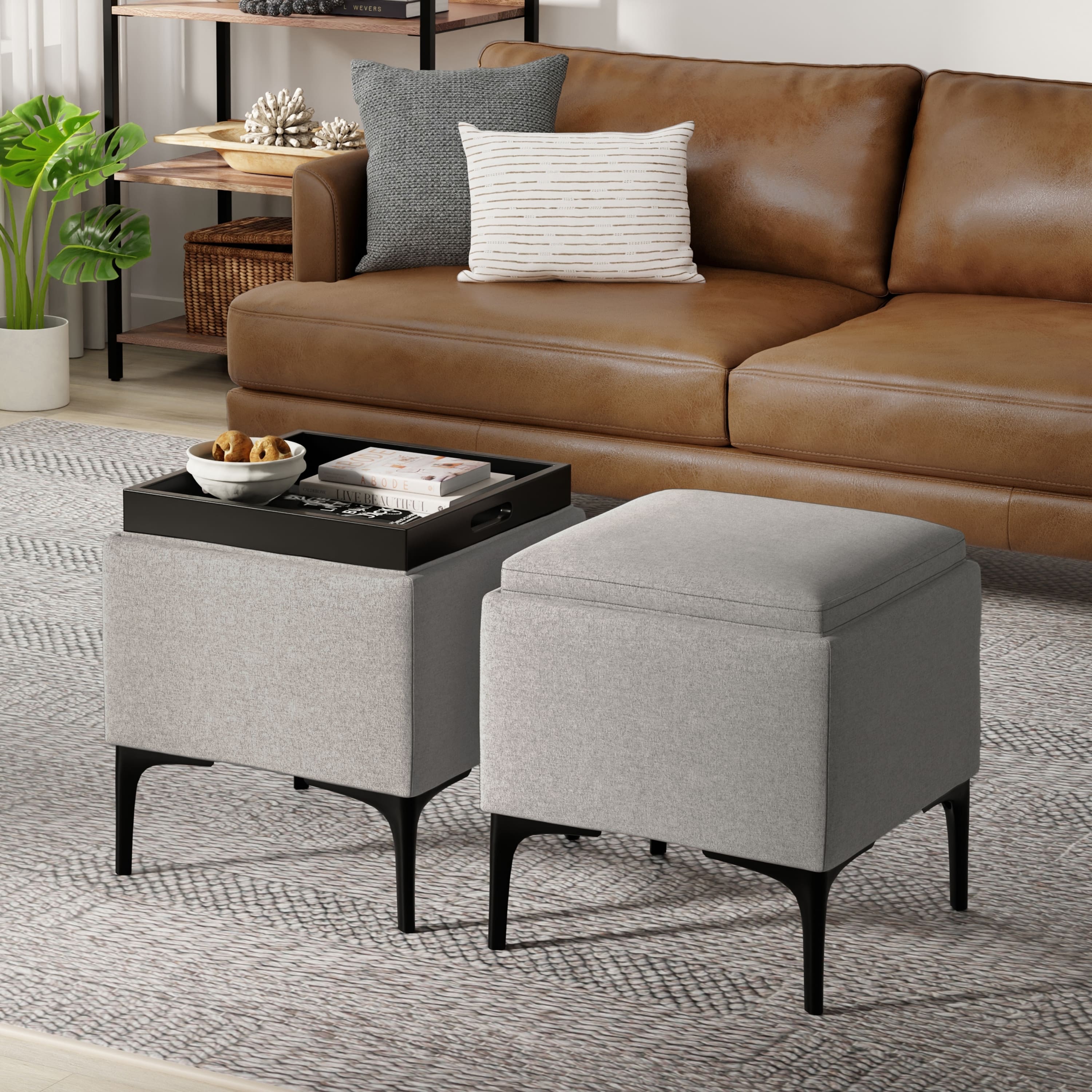 Tiramisubest - Cloud Grey Linen-Style Storage Ottoman with Serving Tray - Gray