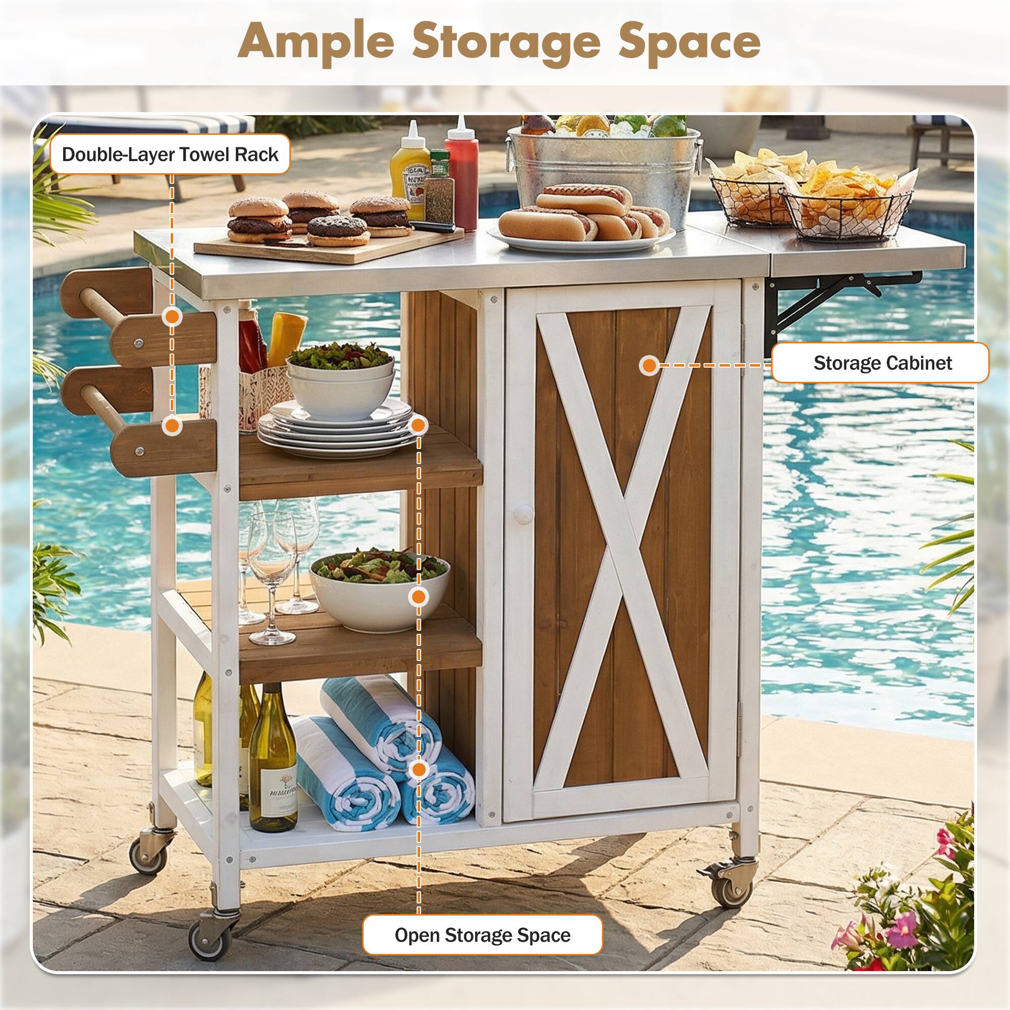 Ample Storage Space

- Double-Layer Towel Rack
- Storage Cabinet
- Open Storage Space