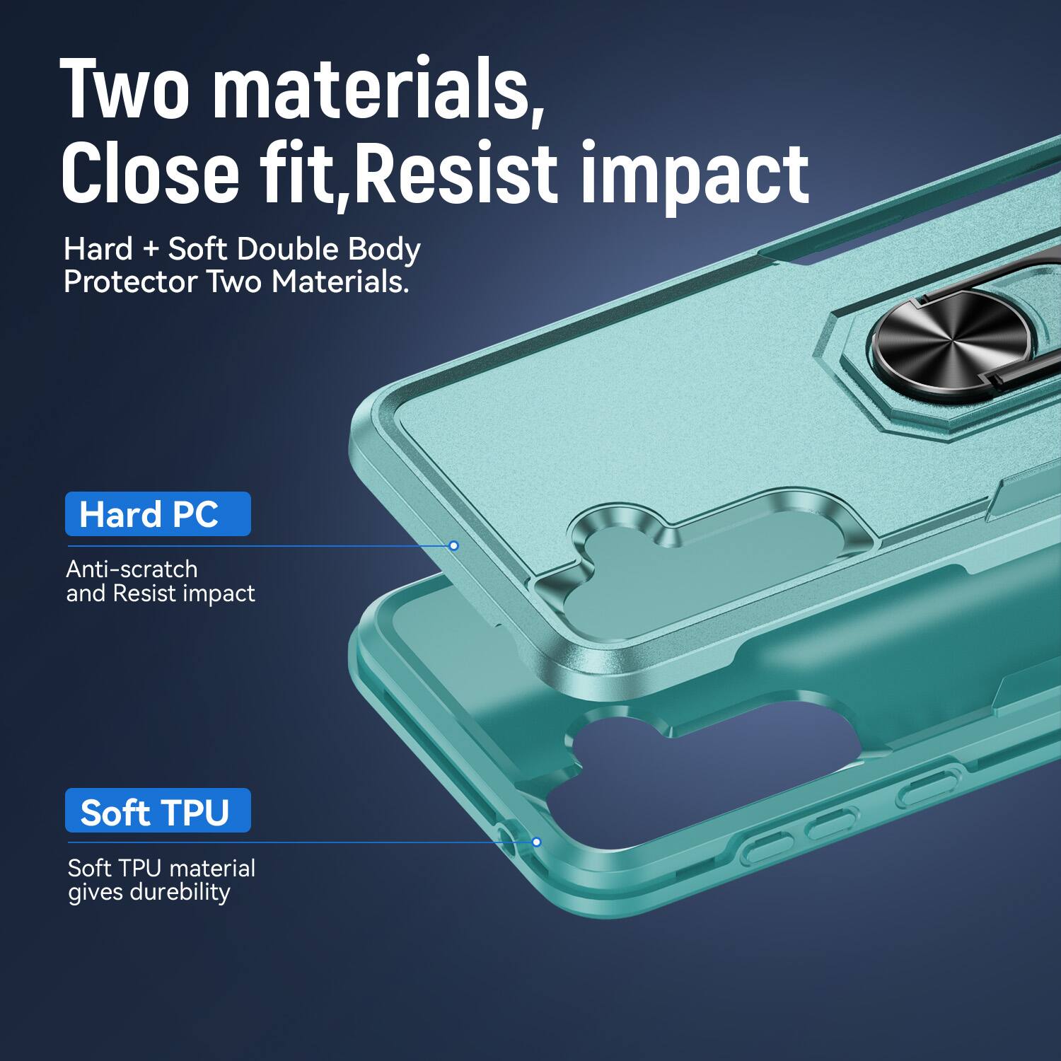 Two materials, Close fit, Resist impact  
Hard + Soft Double Body Protector Two Materials.  
Hard PC  
Anti-scratch and Resist impact  
Soft TPU  
Soft TPU material gives durability