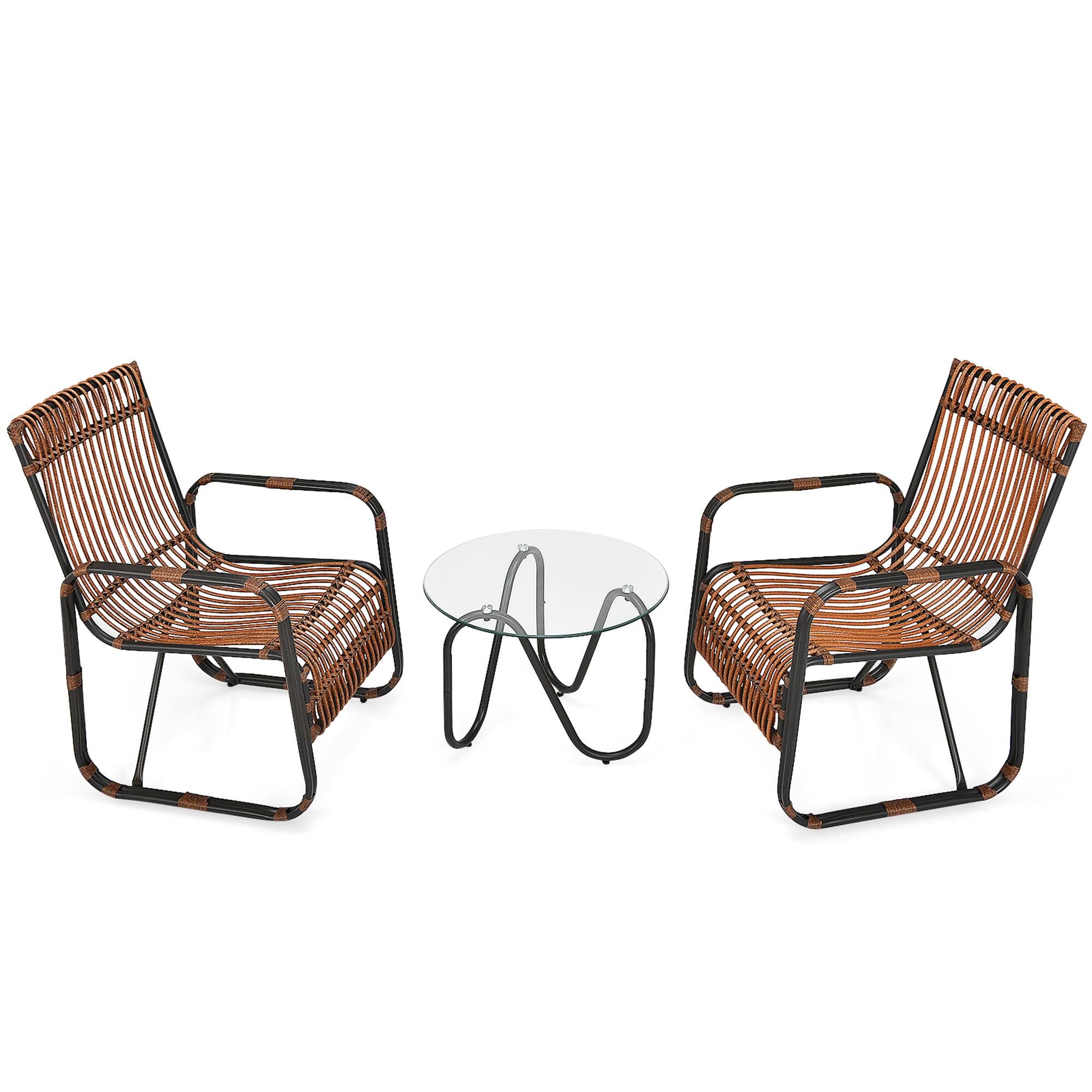 Alt View 1. Gymax - Gymax 3PCS Rattan Patio Conversation Set Bistro Furniture Set w/ Glass Table - Brown + Black.