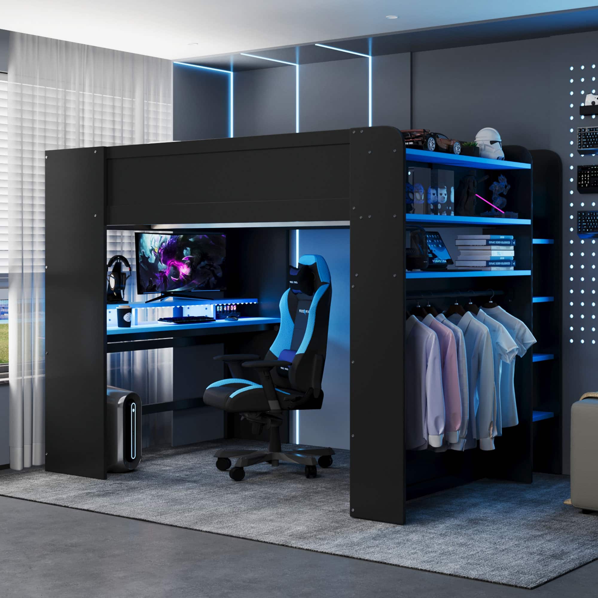 Anysun - Full Size Wood Bunk Bed with height-adjustable Desk,Wardrobe,Ample Storage Space,and RGB Light - Blue