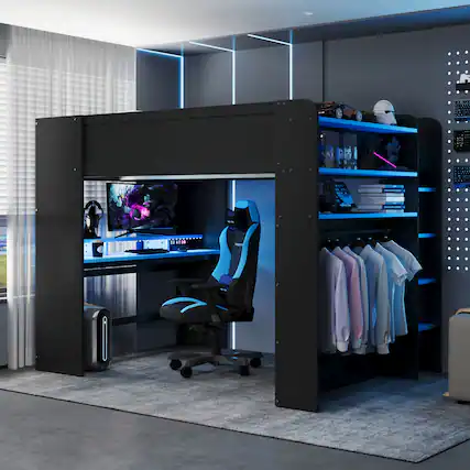 Front. Anysun - Full Size Wood Bunk Bed with height-adjustable Desk,Wardrobe,Ample Storage Space,and RGB Light - Blue.