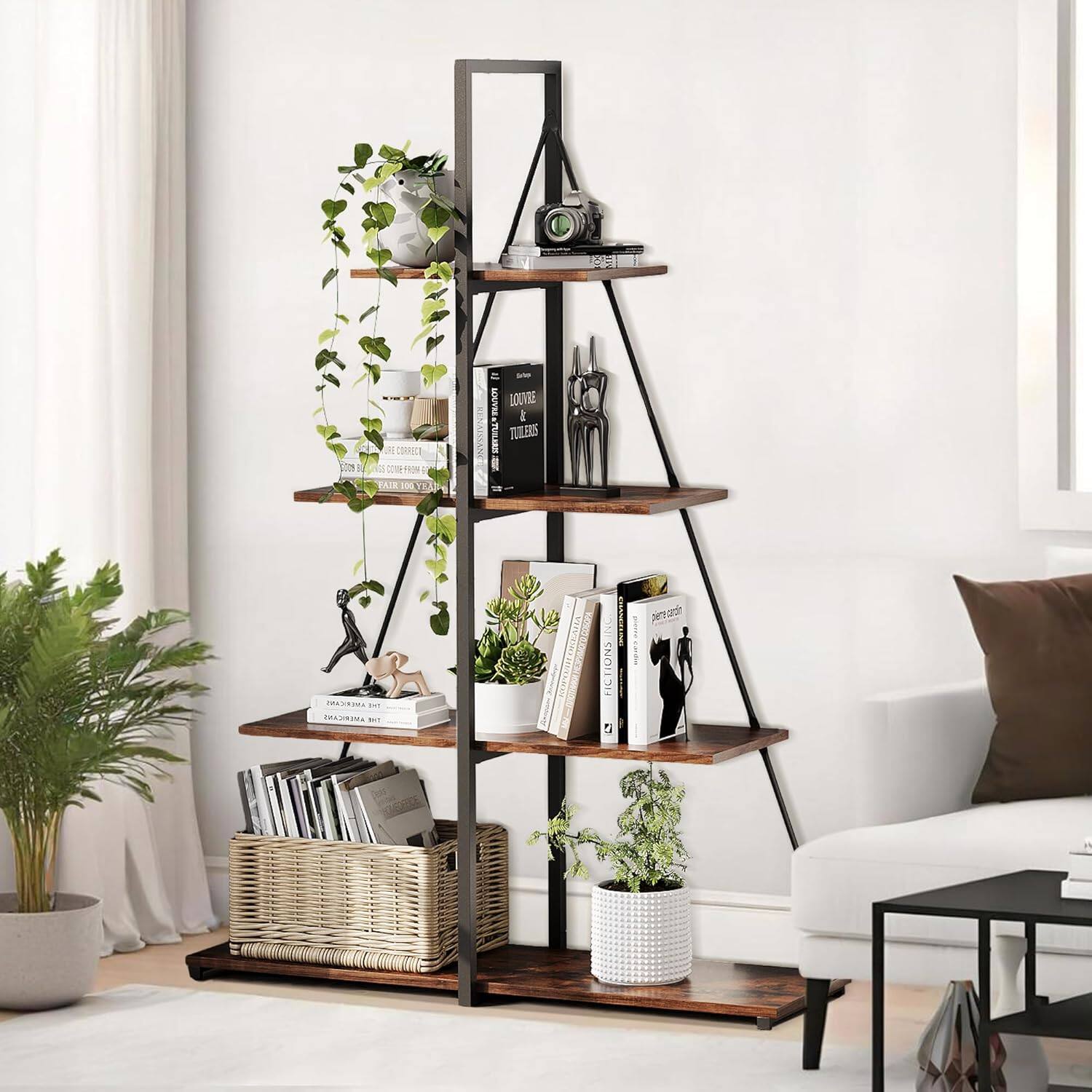 Acekool - 4-Tier Ladder Bookshelf with Sailboat-Inspired A-Frame, Wooden Storage Shelves for Home - Brown