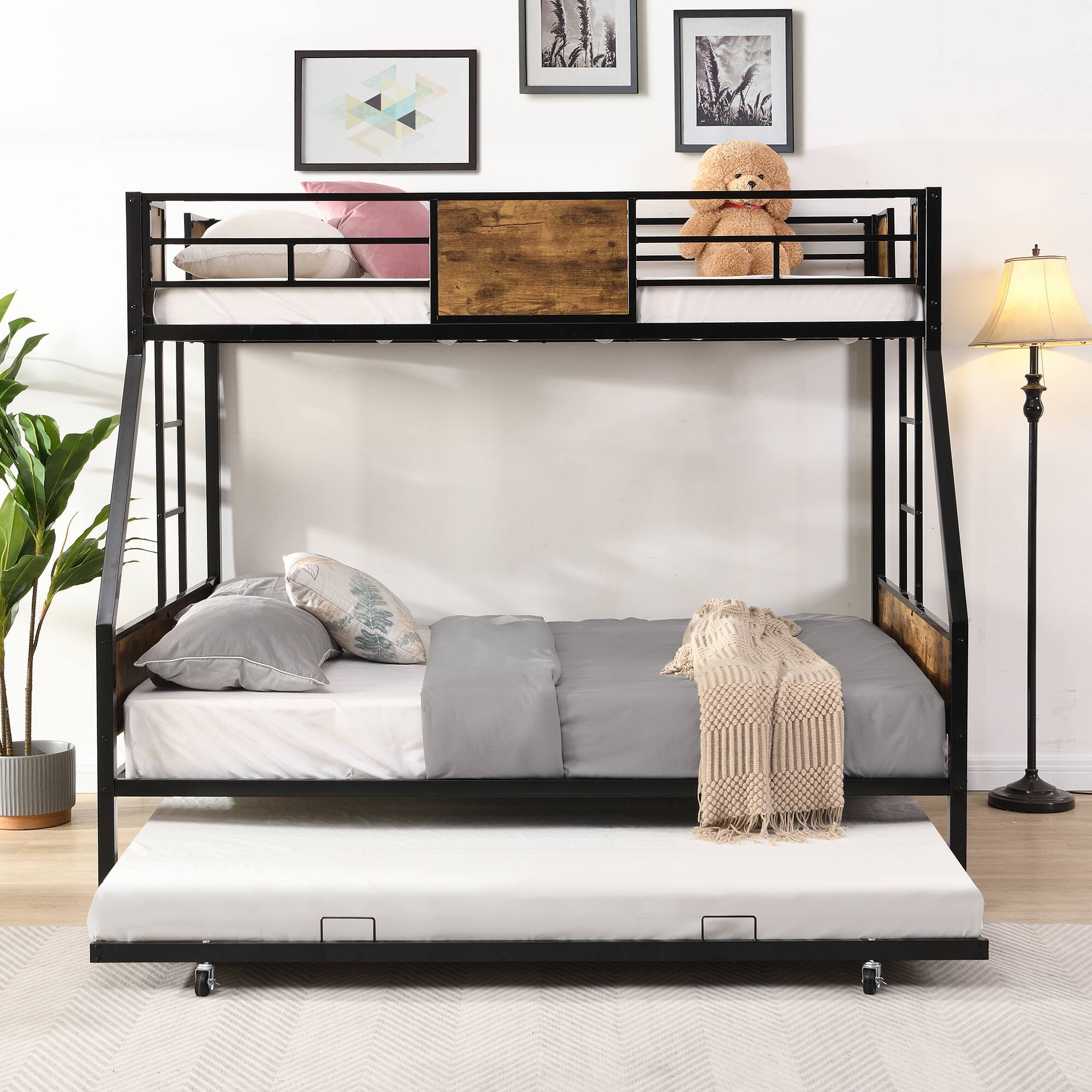 Angle. Trinkets Crazed - Twin Over Full Metal Bunk Bed with Trundle, 2 Ladders and Full-Length Guardrail, No Box Spring Needed - Black.