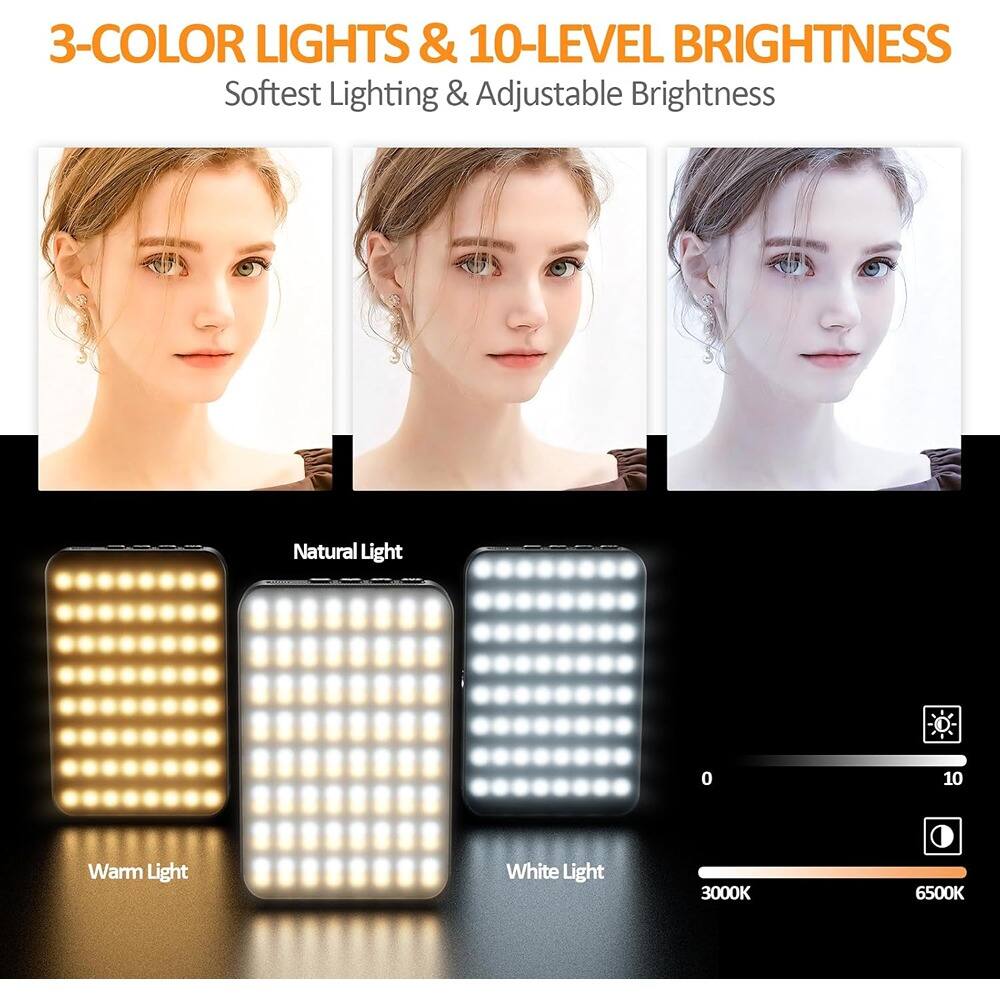 3-COLOR LIGHTS & 10-LEVEL BRIGHTNESS  
Softest Lighting & Adjustable Brightness  

Natural Light  
Warm Light  
White Light  

0 10  
3000K 6500K
