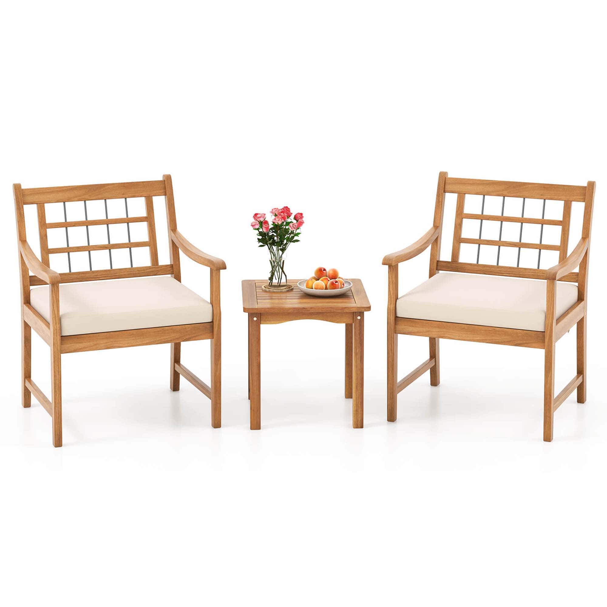 Front. Costway - 3 Pieces Acacia Wood Patio Bistro Set Outdoor Conversation Set with Cushions - Off White,Natural.