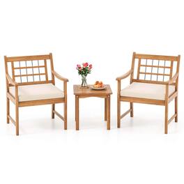Costway - 3 Pieces Acacia Wood Patio Bistro Set Outdoor Conversation Set with Cushions - Off White,Natural