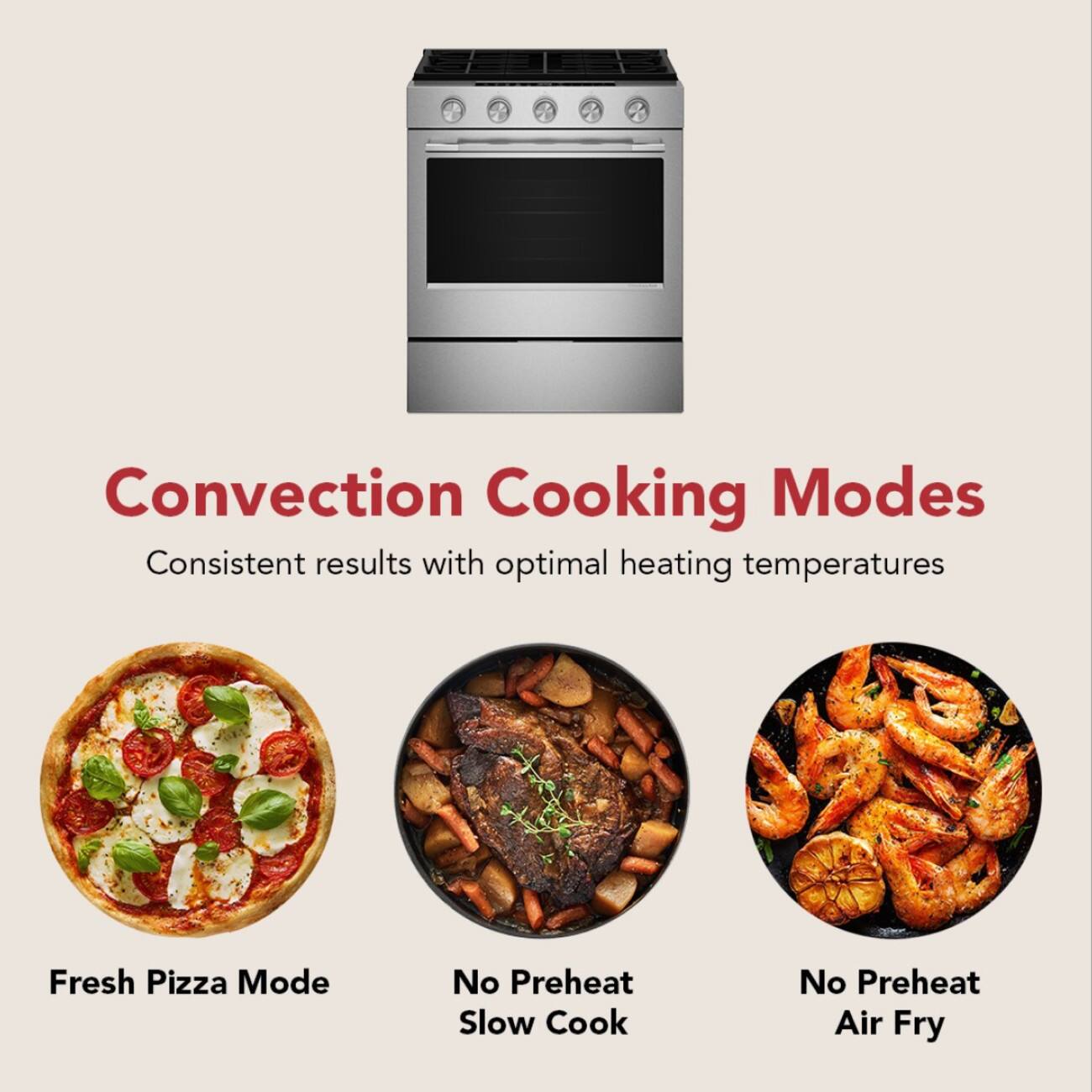Convection Cooking Modes  
Consistent results with optimal heating temperatures

- Fresh Pizza Mode
- No Preheat Slow Cook
- No Preheat Air Fry