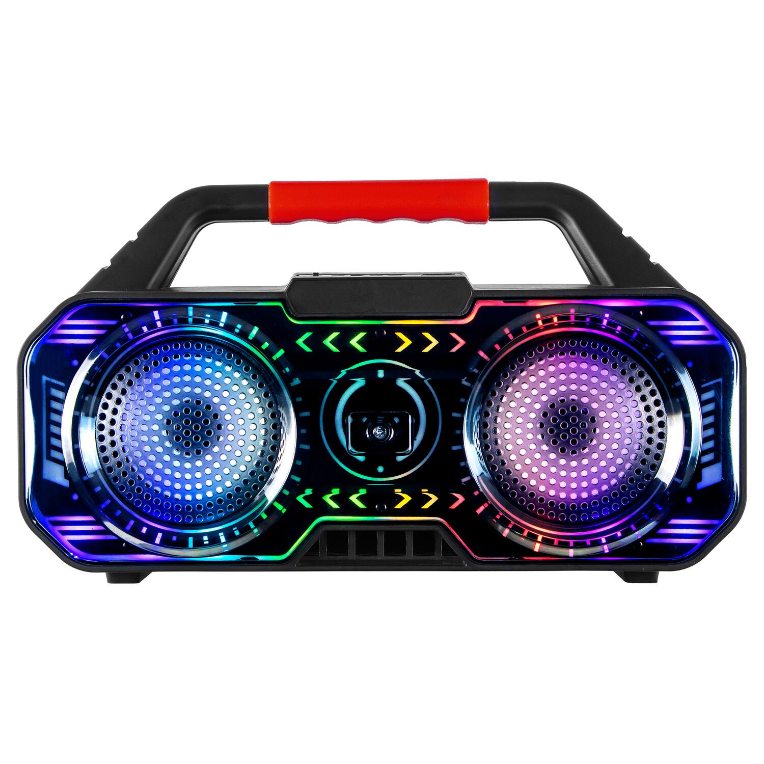 Angle. RCA - 6W Bluetooth Speaker, TWS, Dual Drivers, RGB Lights, USB/microSD, FM Radio, 6 Hr Play Time - Black.