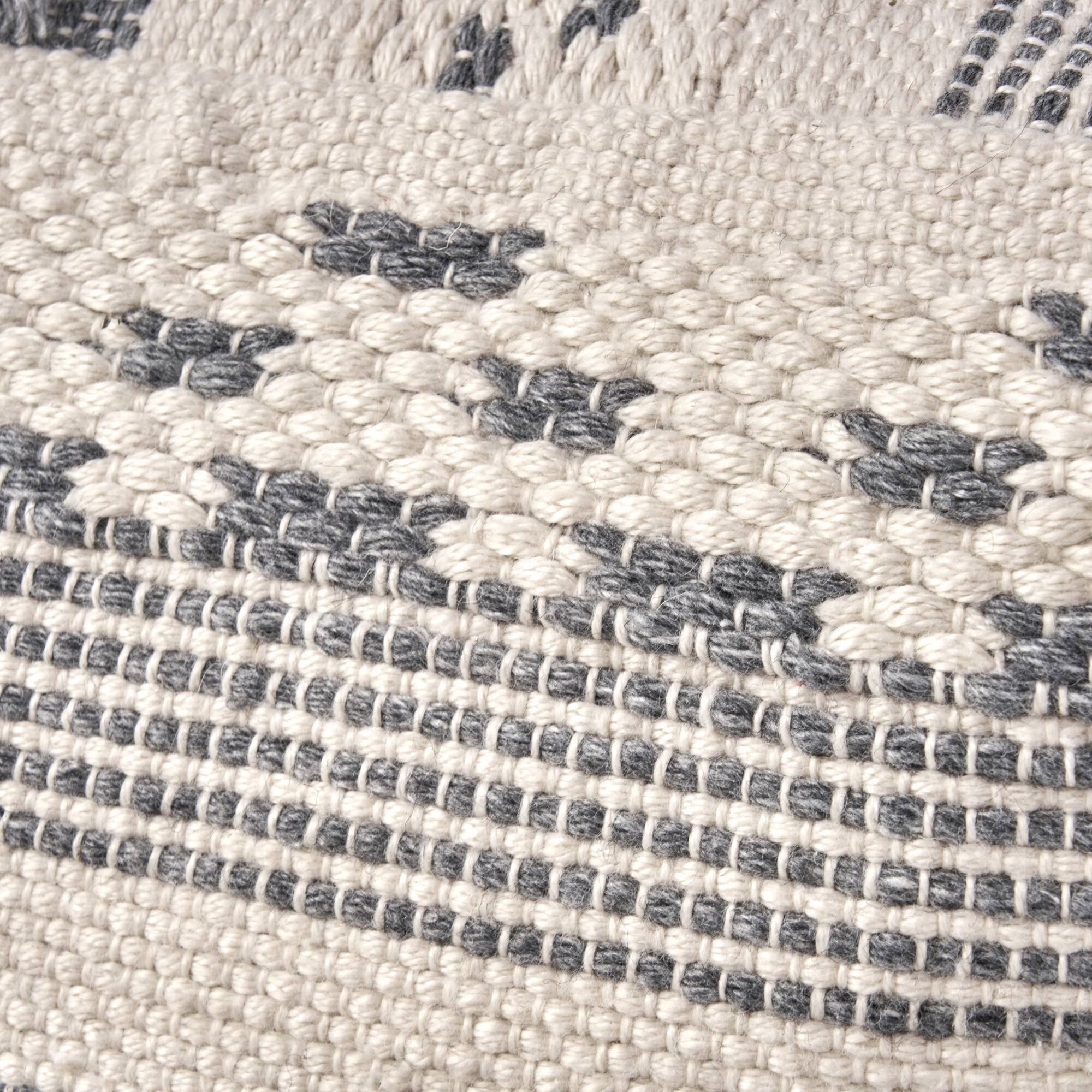 Angle. GOODSILO - Large Handcrafted Faux Yarn Pouf Ottoman for Stylish Home Decor - Ivory+Grey.