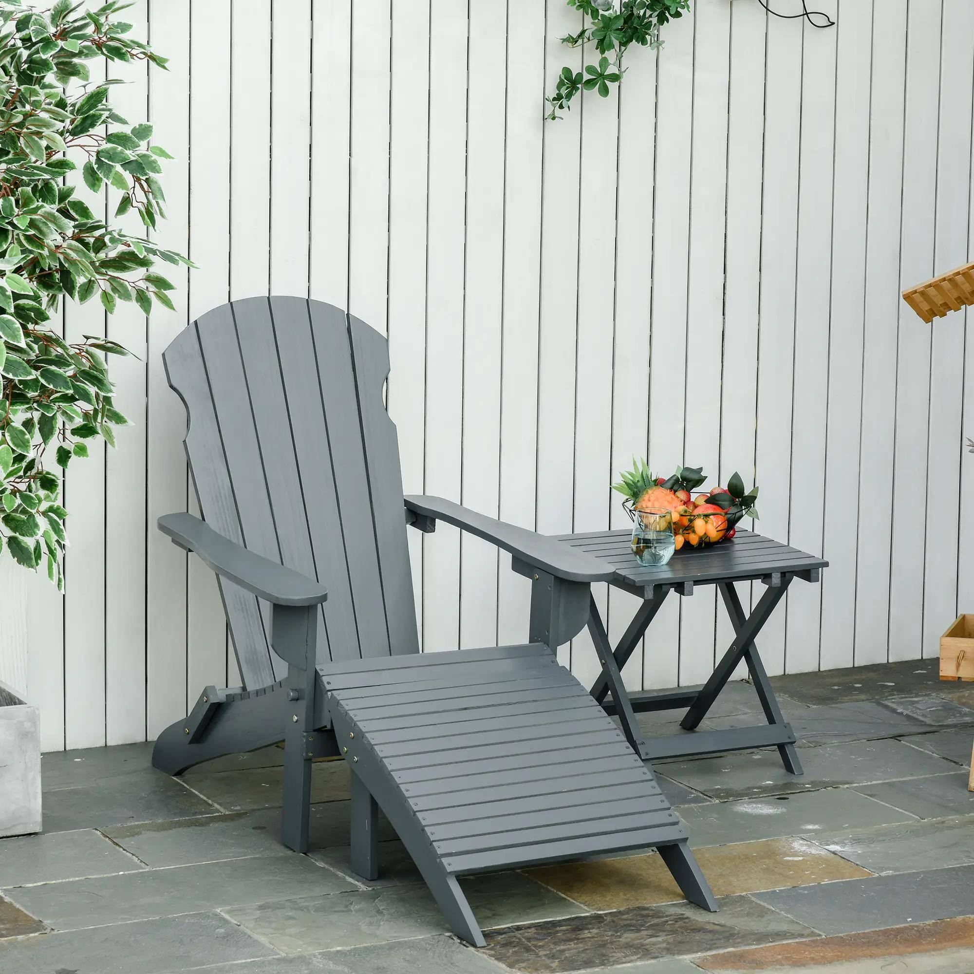 Left. Resenkos - Resenkos 3-Piece Folding Chair With Ottoman And Side Table, Outdoor Wooden Fire Pit Chairs w/ High-back, Gray - Gray.
