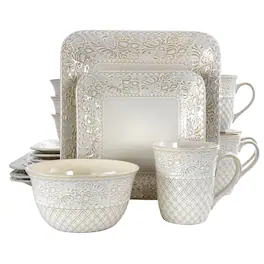 Elama - Lotus 16 Piece Square Dinnerware Set - Ivory