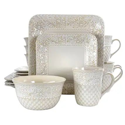 Front. Elama - Elama Ivory Lotus 16 Piece Square Dinnerware Set - Ivory.