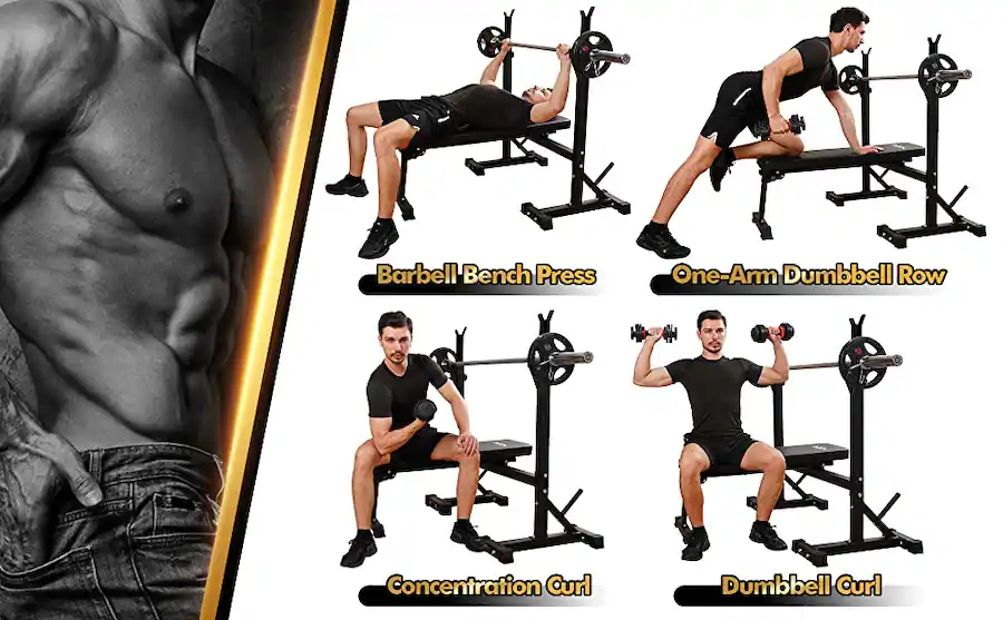 KERDOM Adjustable Height Weightlifting Set, Weight Bench + Squat Rack ...
