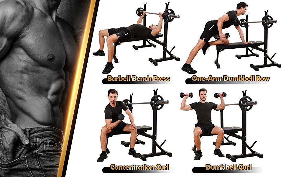 Barbell Bench Press  
One-Arm Dumbbell Row  
Concentration Curl  
Dumbbell Curl