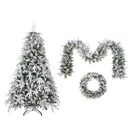 BreeBe - Christmas Snow Flocked Wreath 9ft Flocked Garland, Flocked Wreath, 6ft Flocked Tree - Green,White