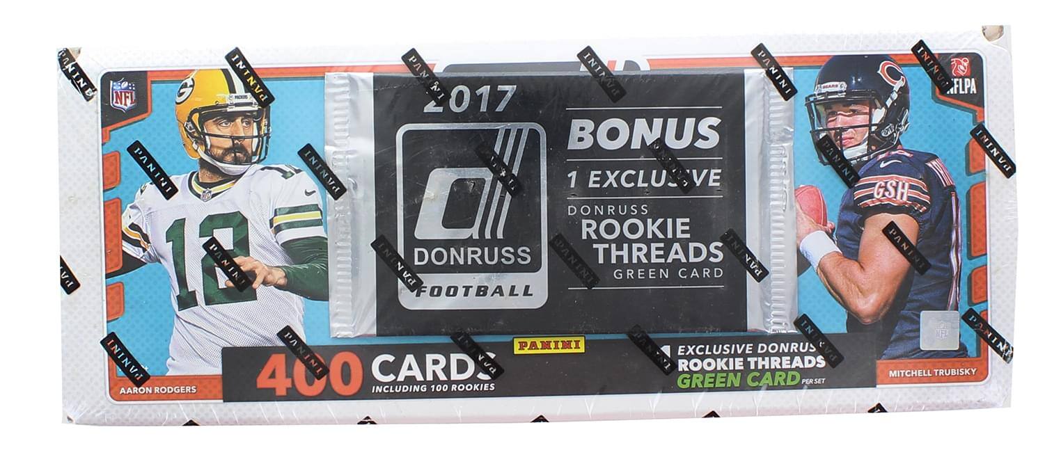 Sure, here is the corrected and grouped text from the image:

---

**PANINI**

**2017**

**DONRUSS FOOTBALL**

**400 CARDS INCLUDING 100 ROOKIES**

**BONUS 1 EXCLUSIVE DONRUSS ROOKIE THREADS GREEN CARD**

**AARON RODGERS**

**MITCHELL TRUBISKY**

**EXCLUSIVE DONRUSS ROOKIE THREADS GREEN CARD PER SET**

**NFL**

**PANINI**

**PANINI THREADS**

**PANINI THREADS**

**PANINI THREADS**

**PANINI THREADS**

**PANINI THREADS**

**PANINI THREADS**

**PANINI THREADS**

**PANINI THREADS**

**PANINI THREADS**

**PANINI THREADS**

**PANINI THREADS**

**PANINI THREADS**

**PANINI THREADS**

**PANINI THREADS**

**PANINI THREADS**

**PANINI THREADS**

**PANINI THREADS**

**PANINI THREADS**

**PANINI THREADS**

**PANINI THREADS**

**PANINI THREADS**

**PANINI