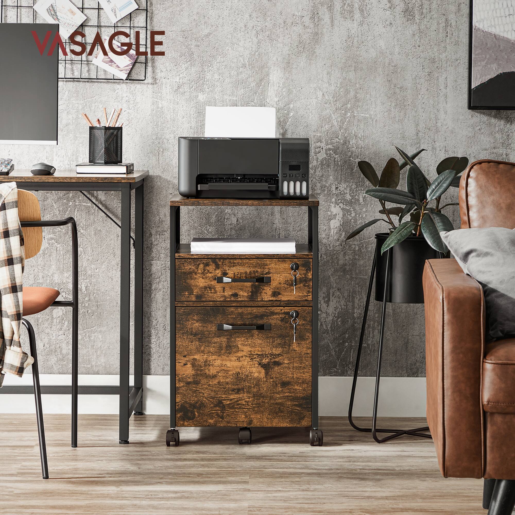 Angle. Songmics Home - File Cabinet, Mobile Filing Cabinet with Wheels, 2 Lockable Drawers, Open Shelf, for A4, Letter Size - Rustic Brown and Ink Black.