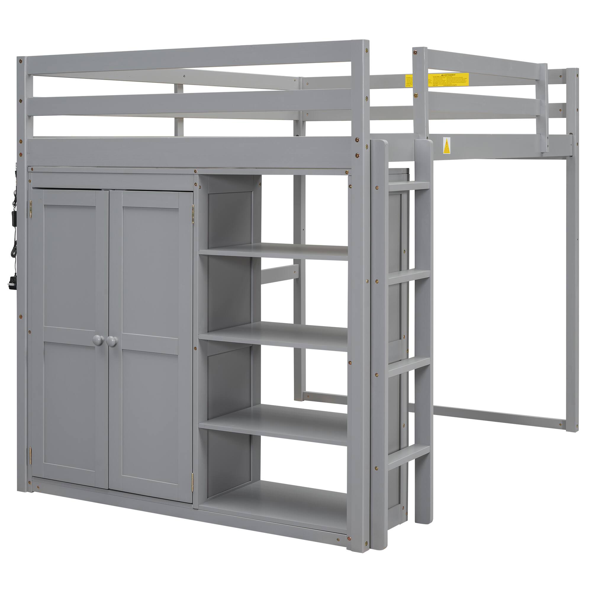 Alt View 1. Whisen - Full Size Loft Bed with Built-in Wardrobe, Storage Shelves and LED Light, Wood Frame - Gray.