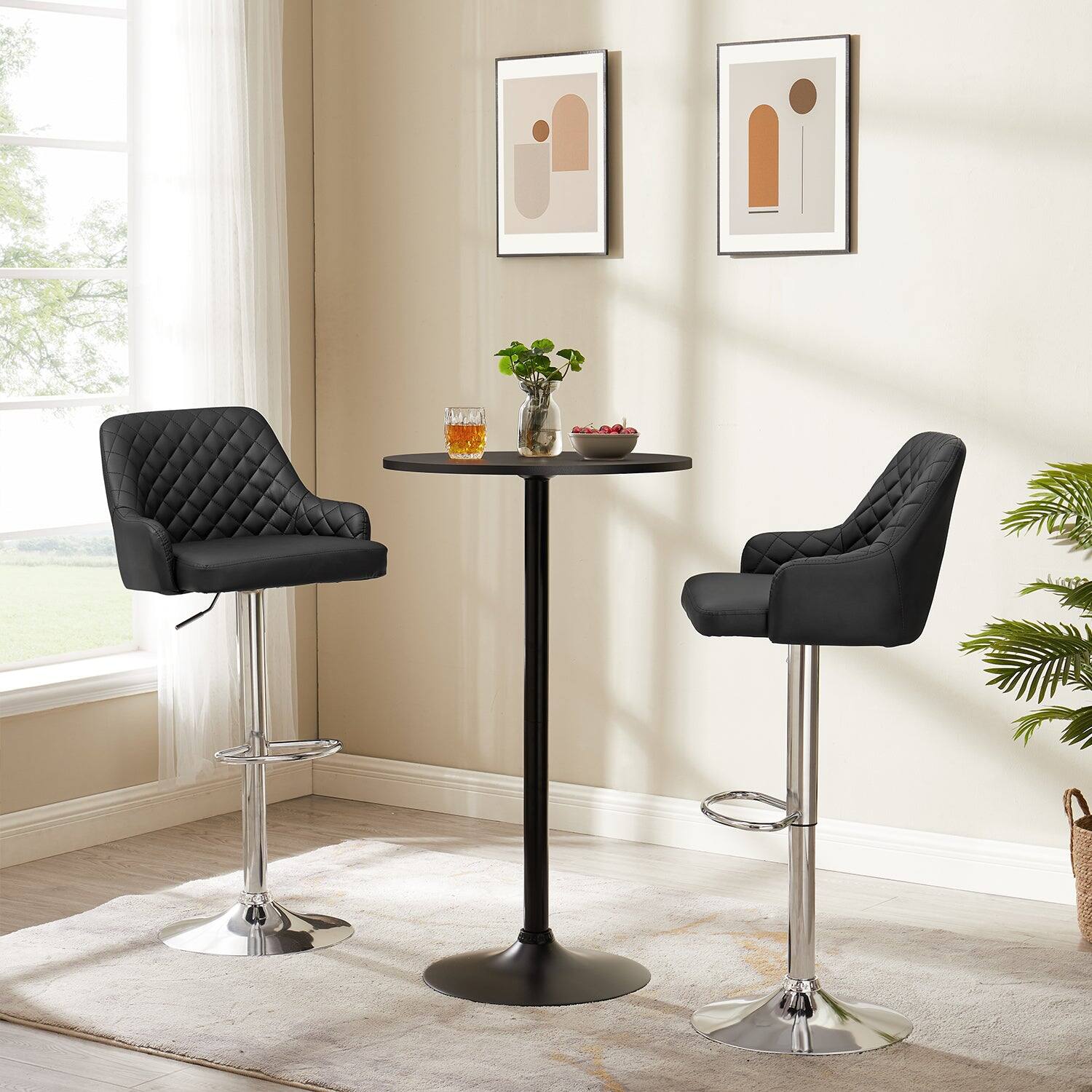Back. Vecelo - Set of 4 PU Leather Bar Stools - Adjustable Height Seats, 330lb Capacity, 360° Rotation - Black.