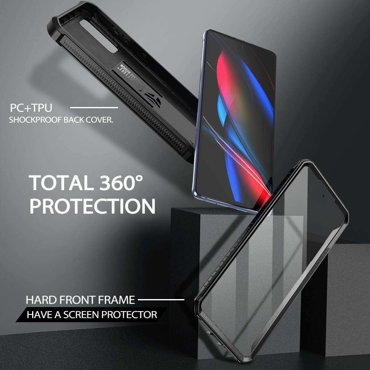 PC+TPU SHOCKPROOF BACK COVER.  
TOTAL 360° PROTECTION  
HARD FRONT FRAME  
HAVE A SCREEN PROTECTOR