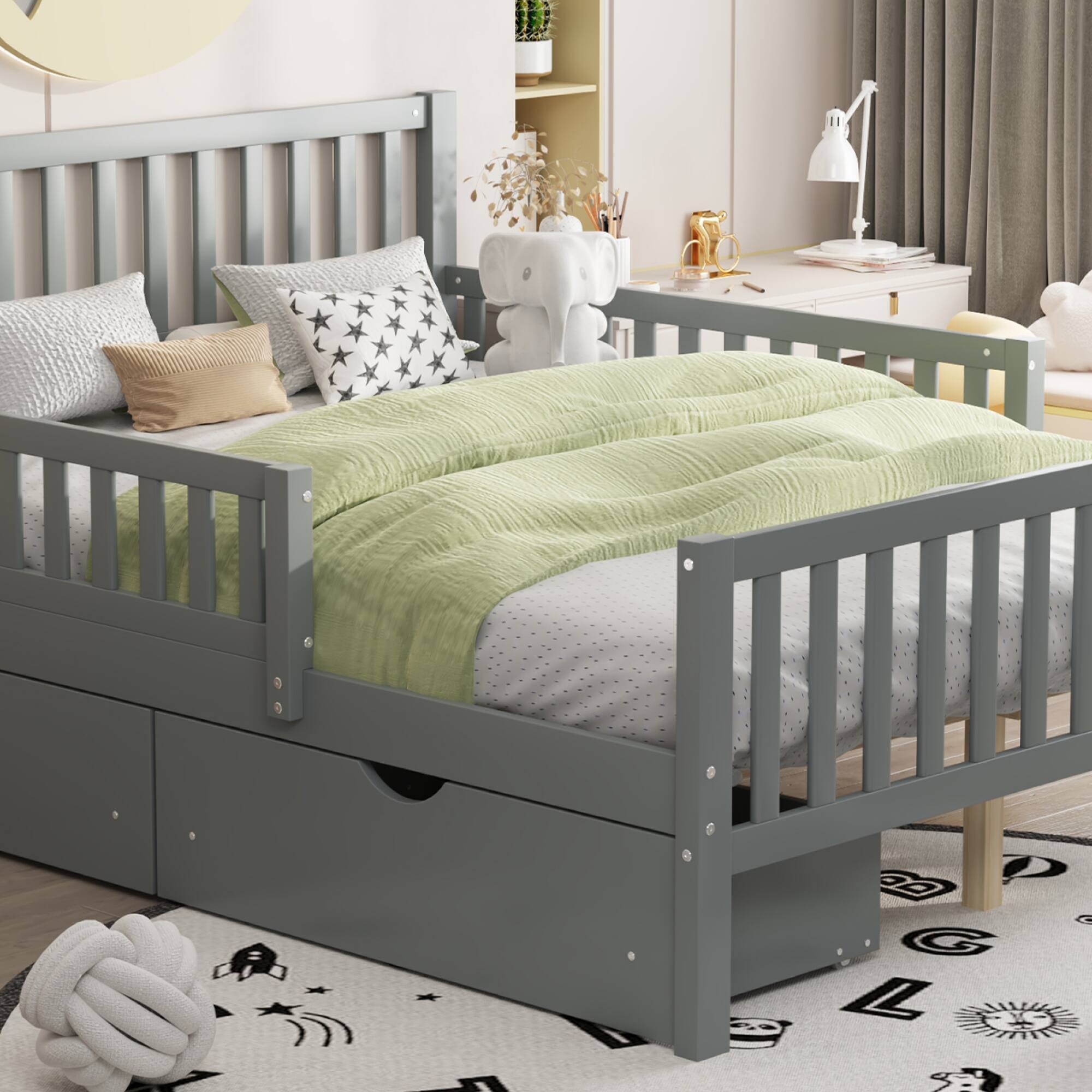 Alt View 10. GOODSILO - Full Size Wood Platform Bed with Guardrails, Storage Drawers, and Minimalist Headboard for Modern Bedrooms - Gray.