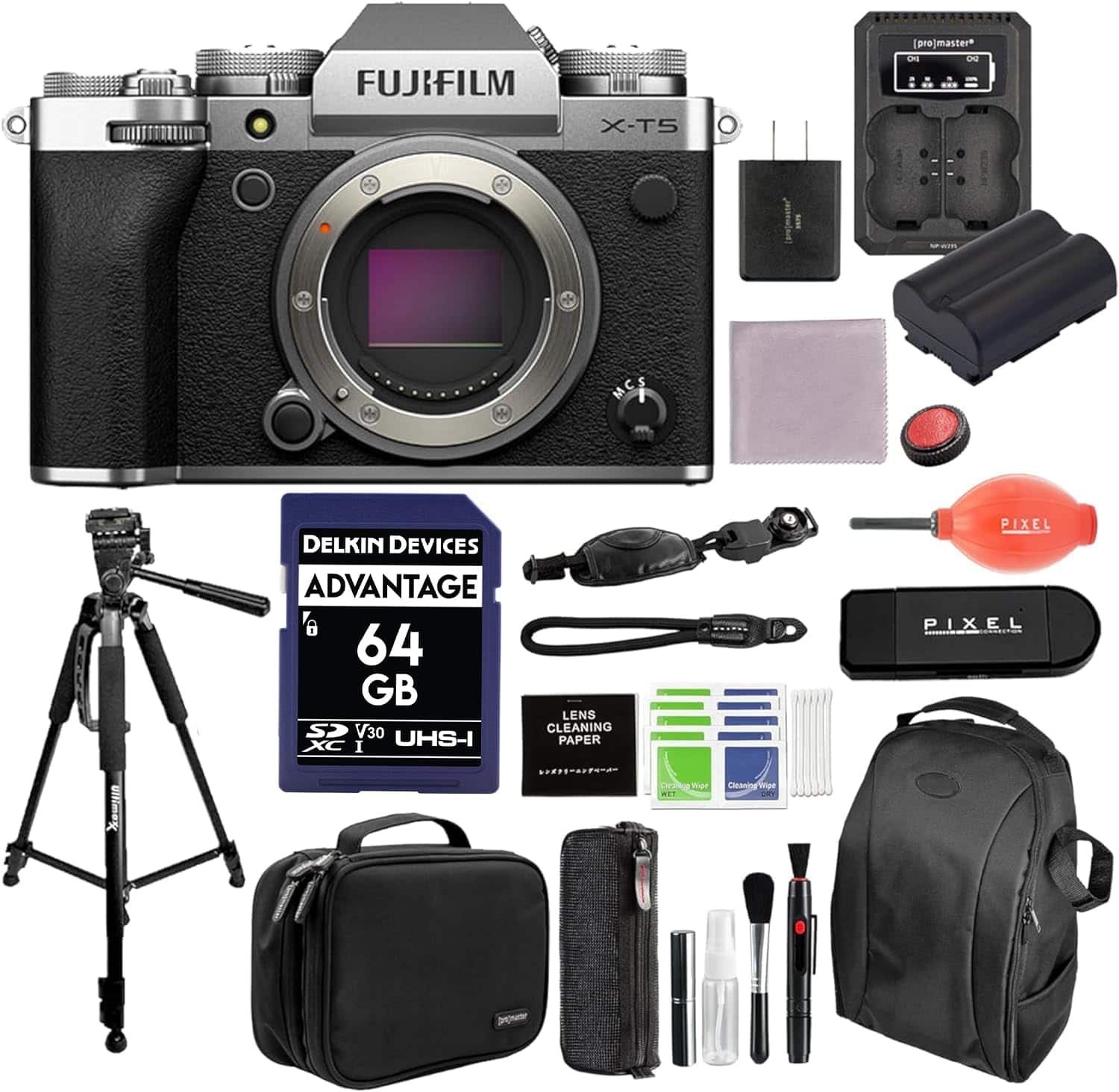 Fujifilm - X-T5 Mirrorless Camera (Silver) Bundle with Extra Battery & Charger Kit, Tripod, Backpack, Camera Case & More