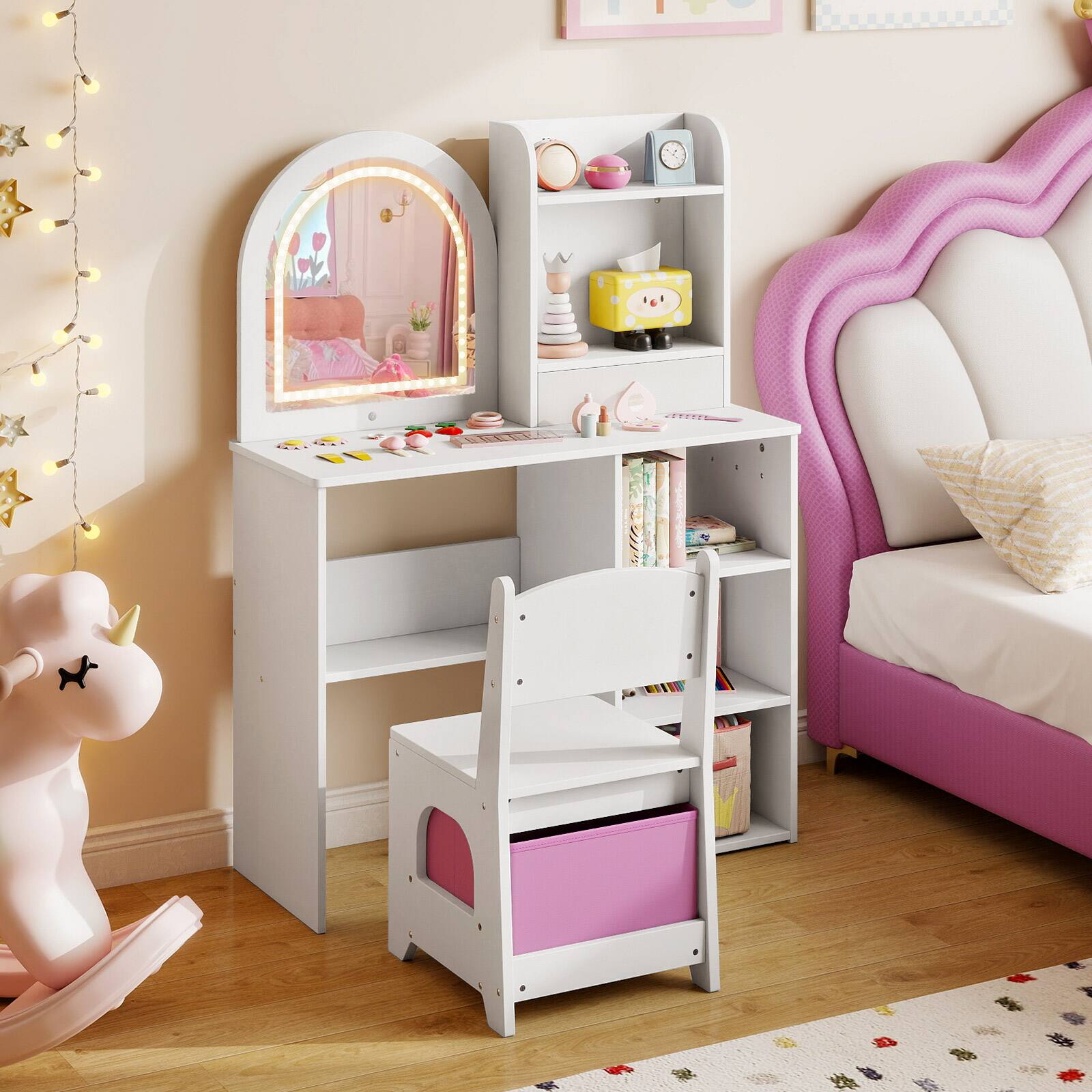 Alt View 3. Costway - Costway Kids Vanity Set Princess Girls Makeup Vanity Desk with 3-Color LED Lighted Mirror - White.