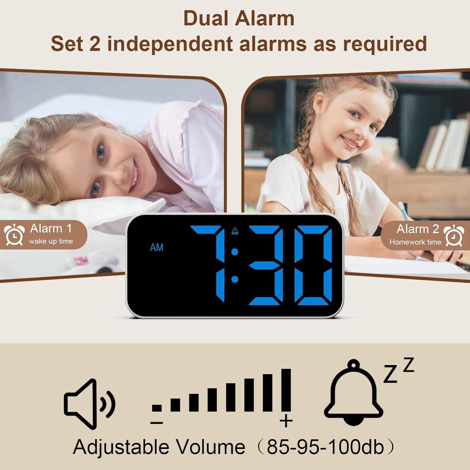 Dual Alarm  
Set 2 independent alarms as required  

Alarm 1: wake up time  
Alarm 2: Homework time  

Adjustable Volume (85-95-100db)