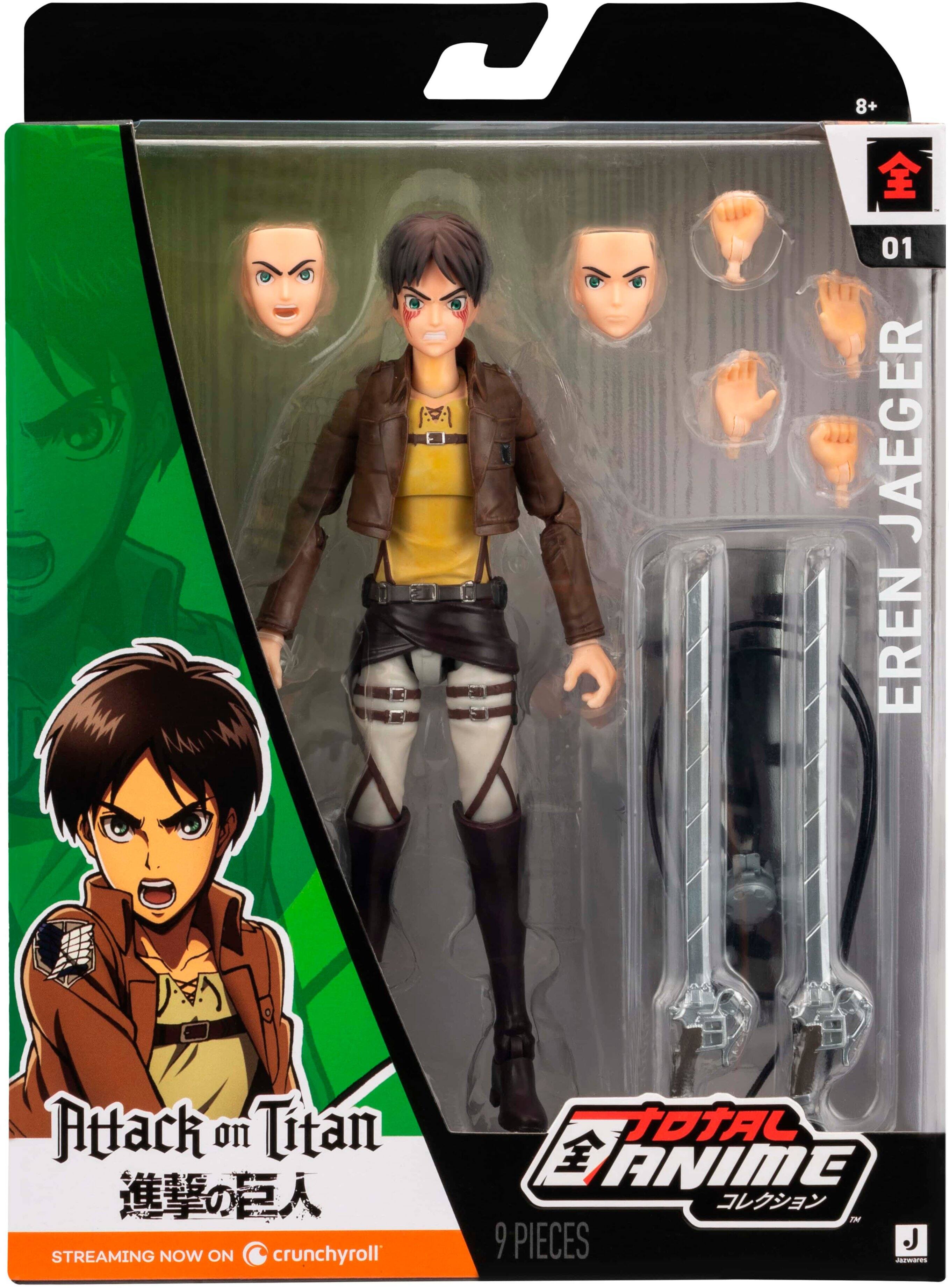 Attack on Titan is an anime that is now streaming on Crunchyroll. The image shows a figure of Eren Jaeger, a character from the anime, in a box. The figure is made of nine pieces, and it is a collectible item for fans of the show.
